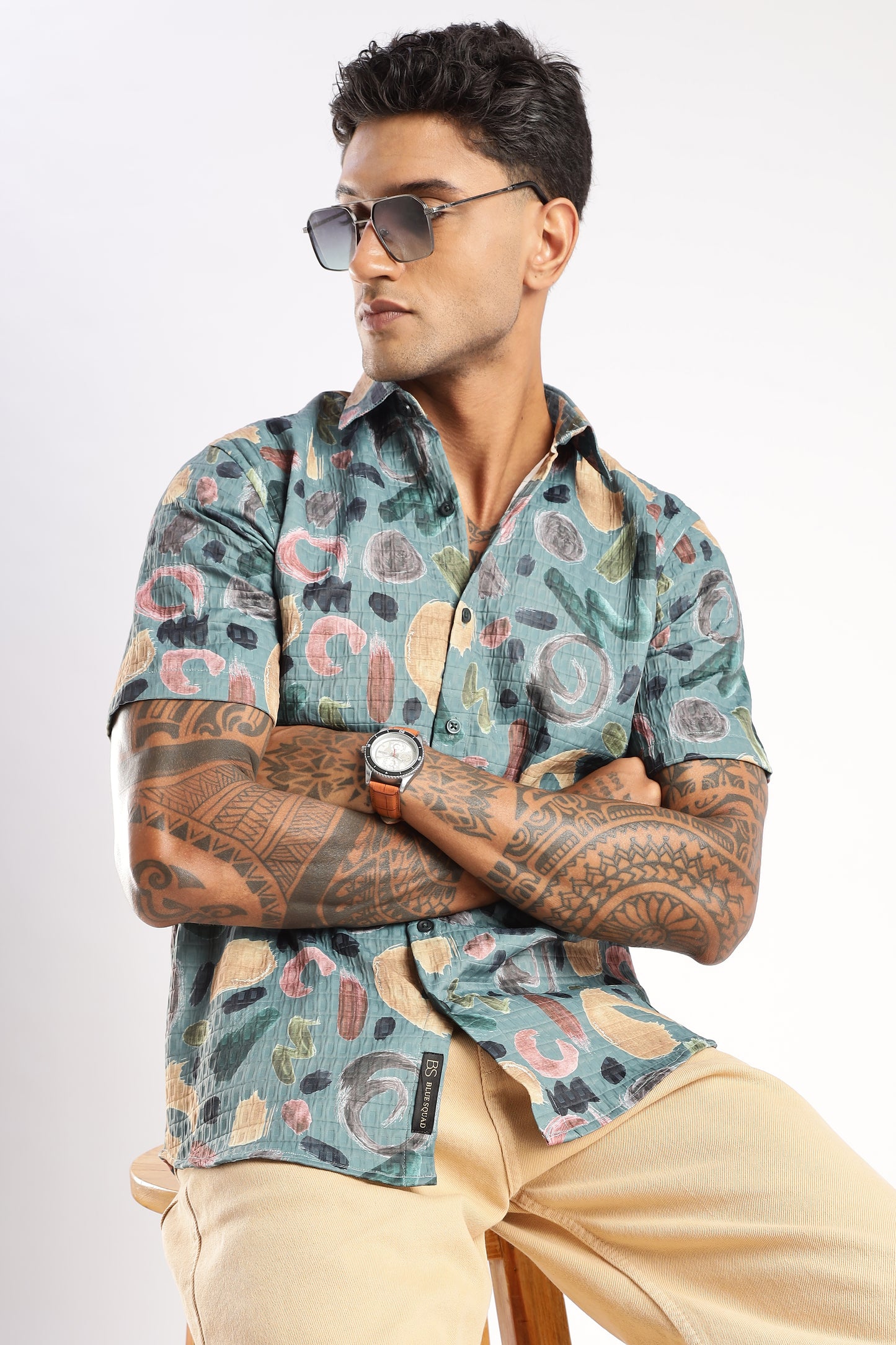 Men’s Abstract Confetti Print Short-Sleeve Shirt – Sea Green