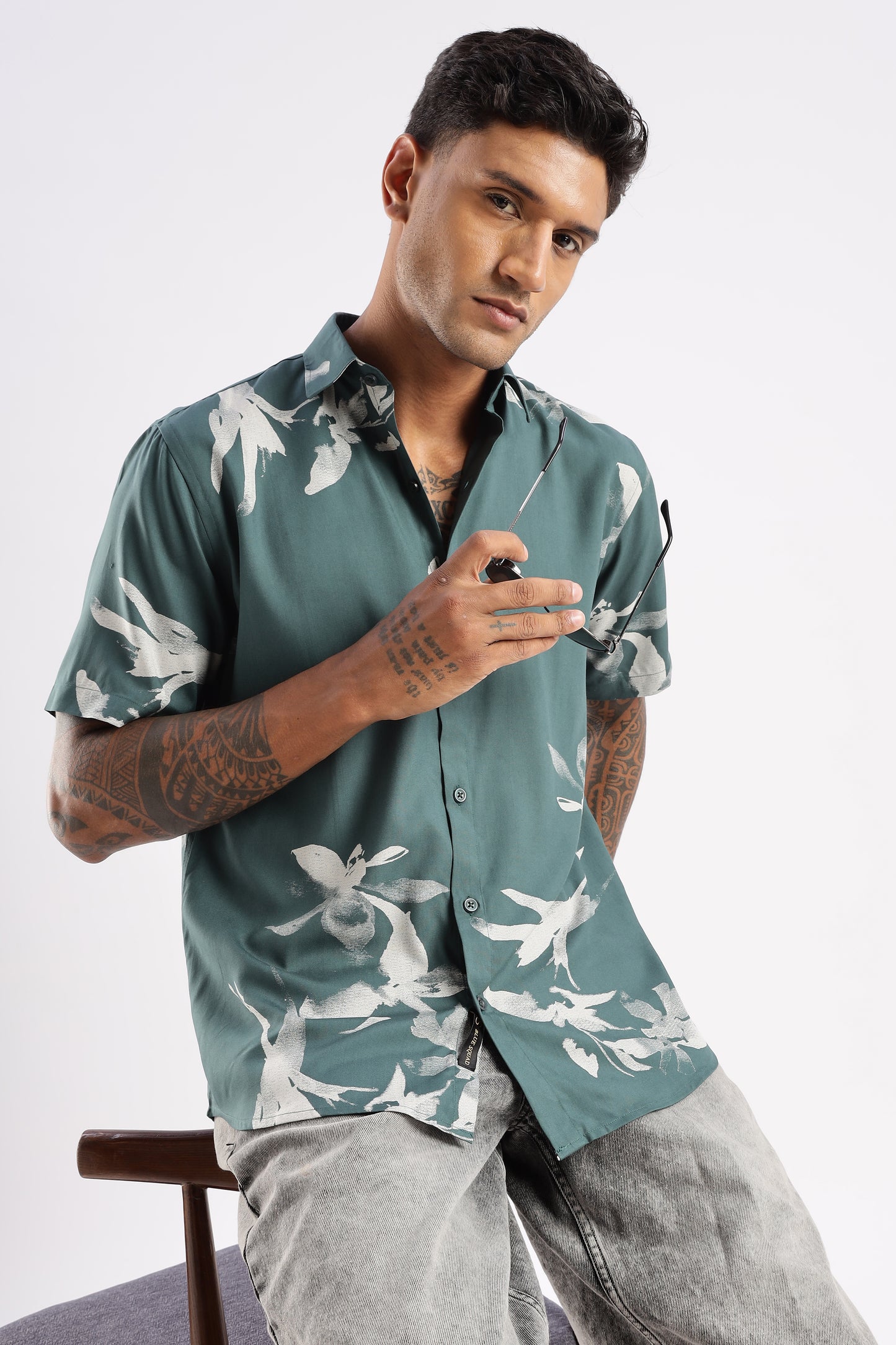 Men’s Shadow Floral Print Short-Sleeve Shirt – Teal/Stone