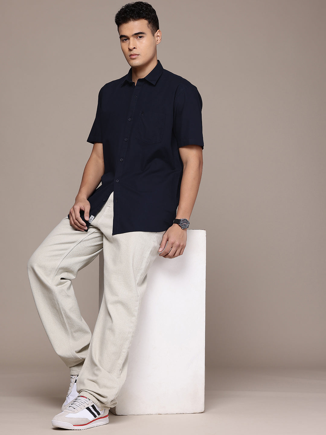 Men’s Navy Blue Linen Half Sleeves Casual Shirt