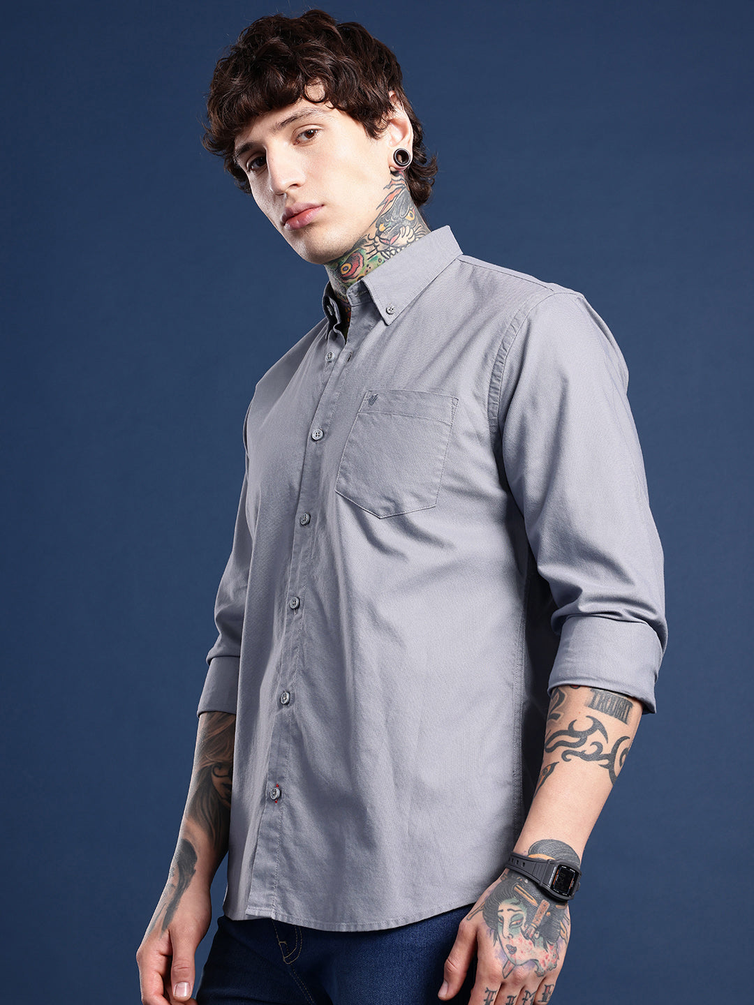 Steel Grey Oxford Cotton Shirt – Button-Down Collar & Chest Pocket