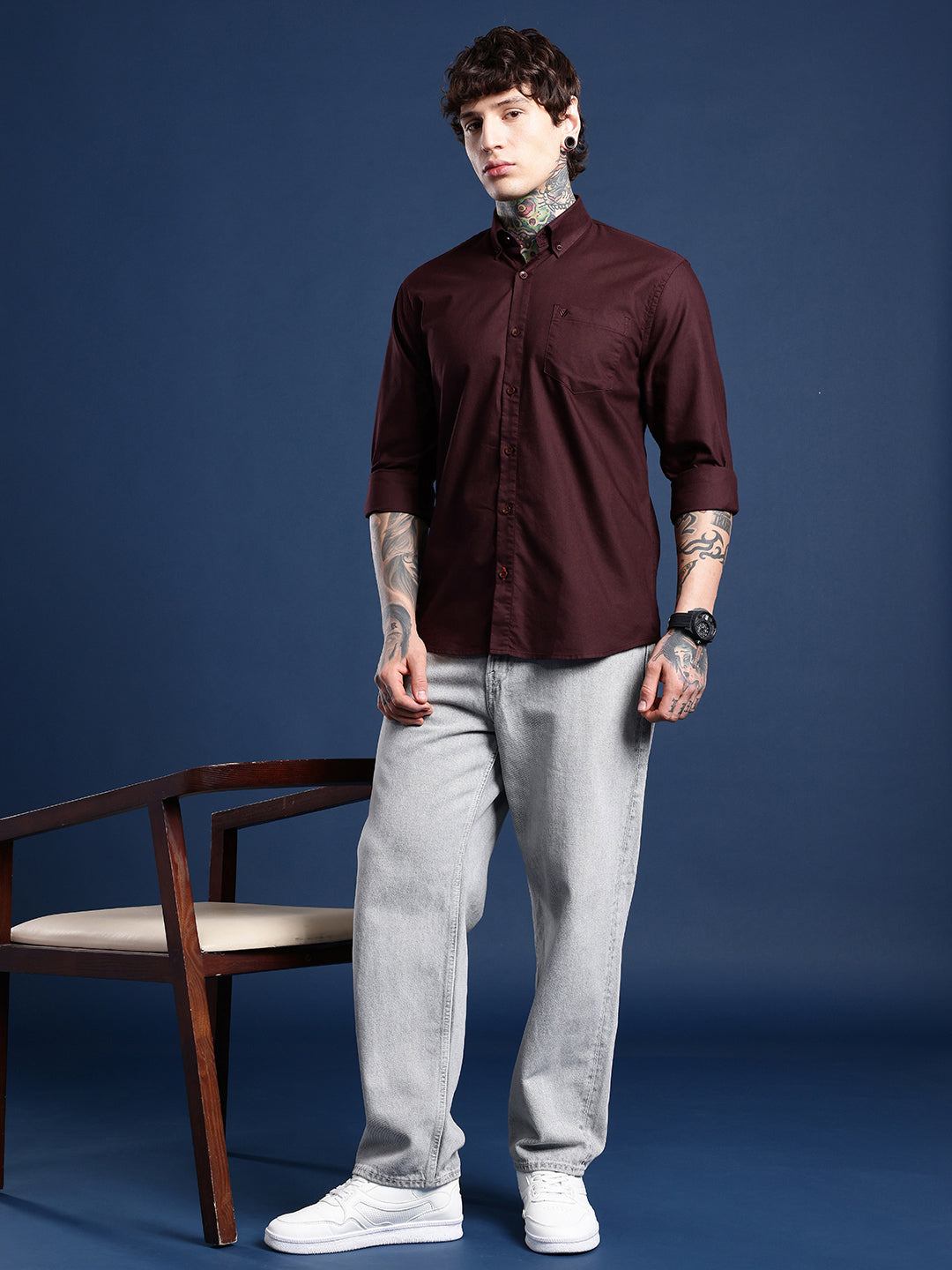 Maroon Brown Oxford Cotton Shirt – Button-Down Collar & Chest Pocket