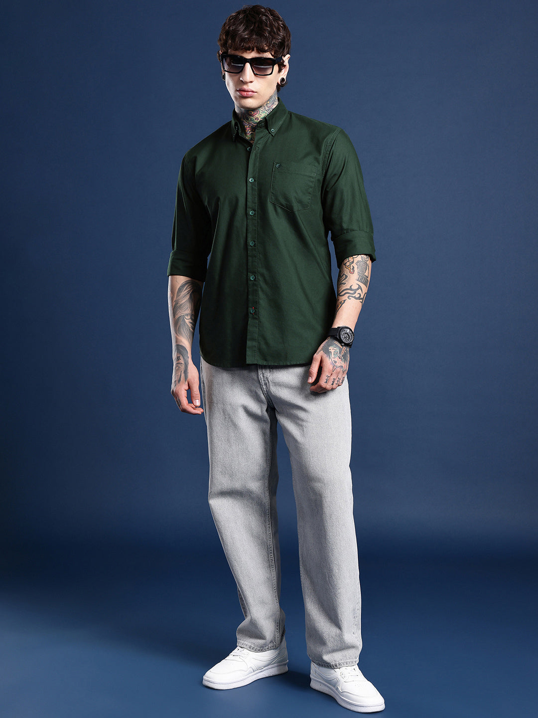 Bottle Green Oxford Cotton Shirt – Button-Down Collar & Chest Pocket