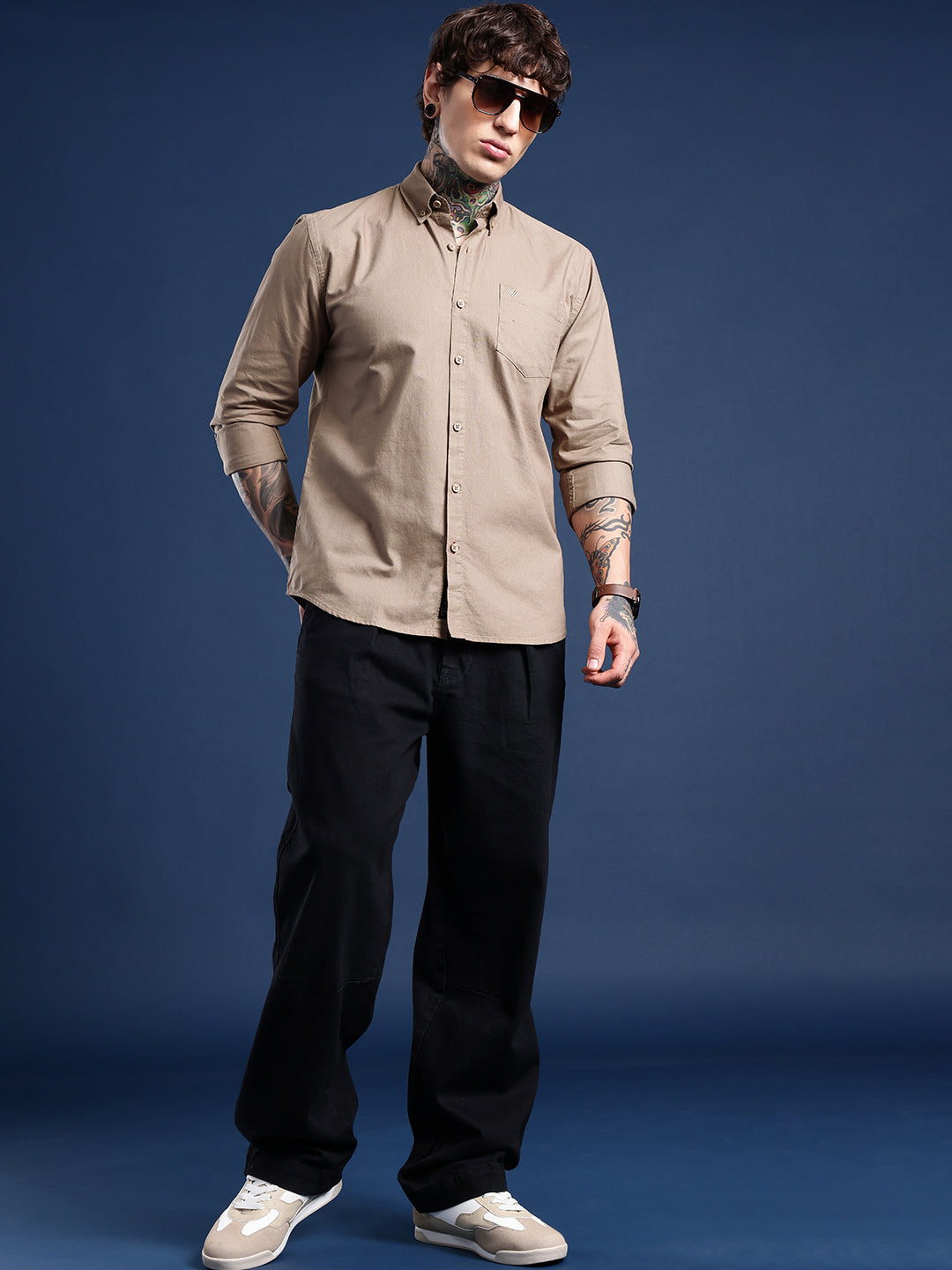 Sand Beige Oxford Cotton Shirt – Button-Down Collar & Chest Pocket