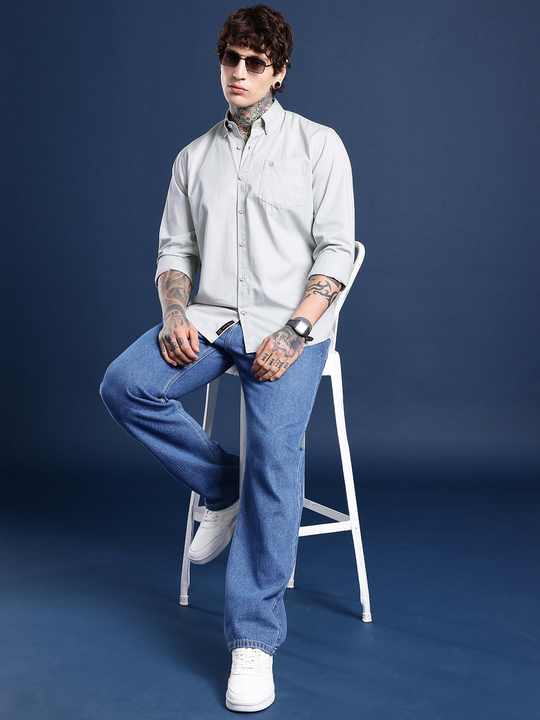 Silver Oxford Cotton Shirt – Button-Down Collar & Chest Pocket