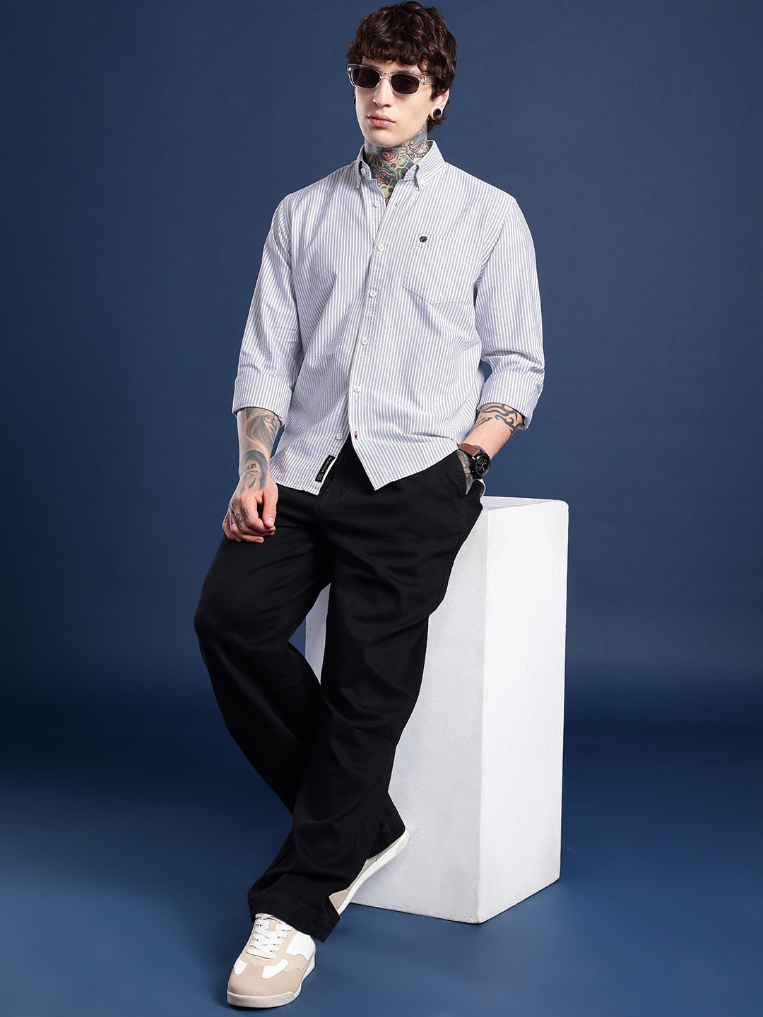 Grey Pinstripe Oxford Shirt – Button-Down Collar