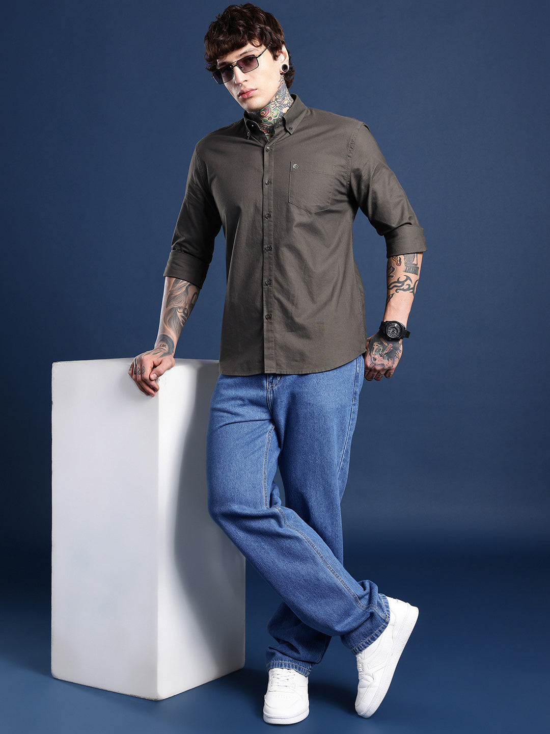 Olive Green Oxford Cotton Shirt – Button-Down Collar & Chest Pocket