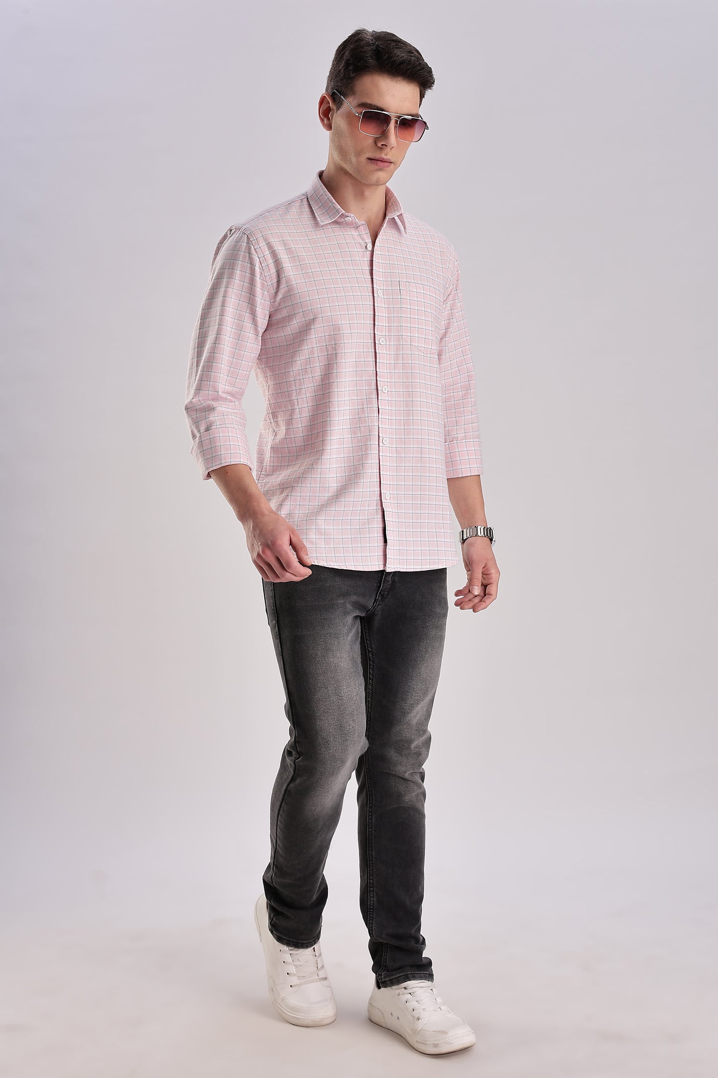 Men’s Micro-Grid Check Long-Sleeve Shirt – Pink & Sky