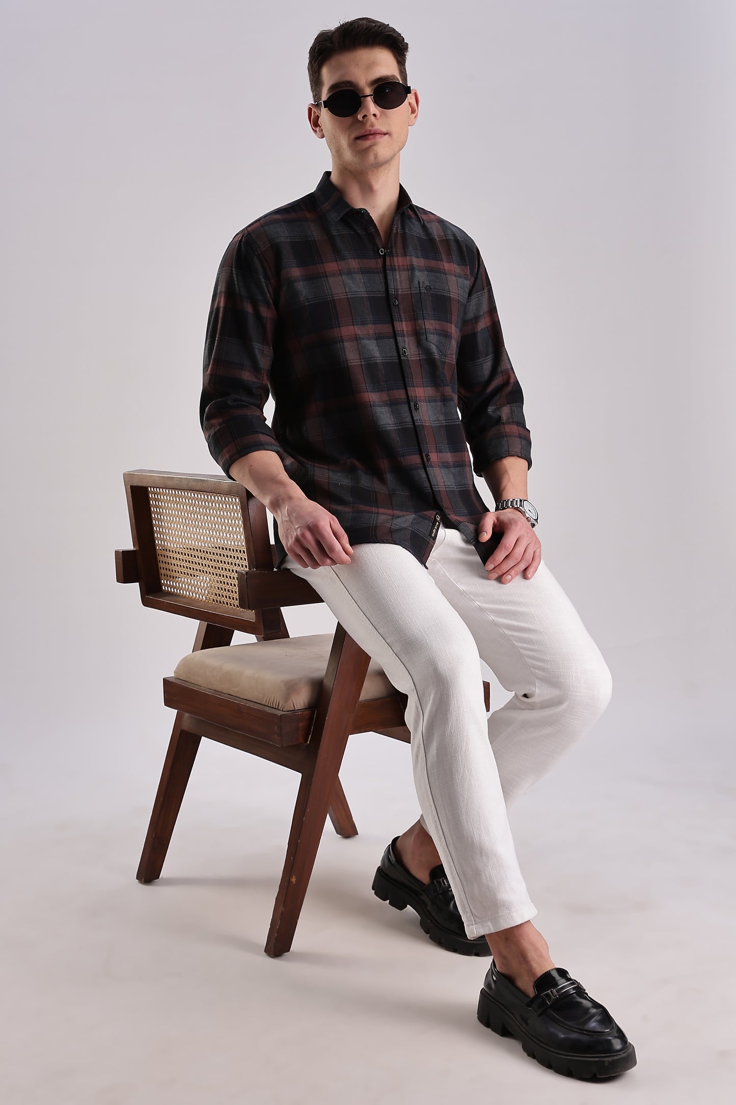 Men’s Brushed Plaid Long-Sleeve Shirt – Burgundy & Charcoal