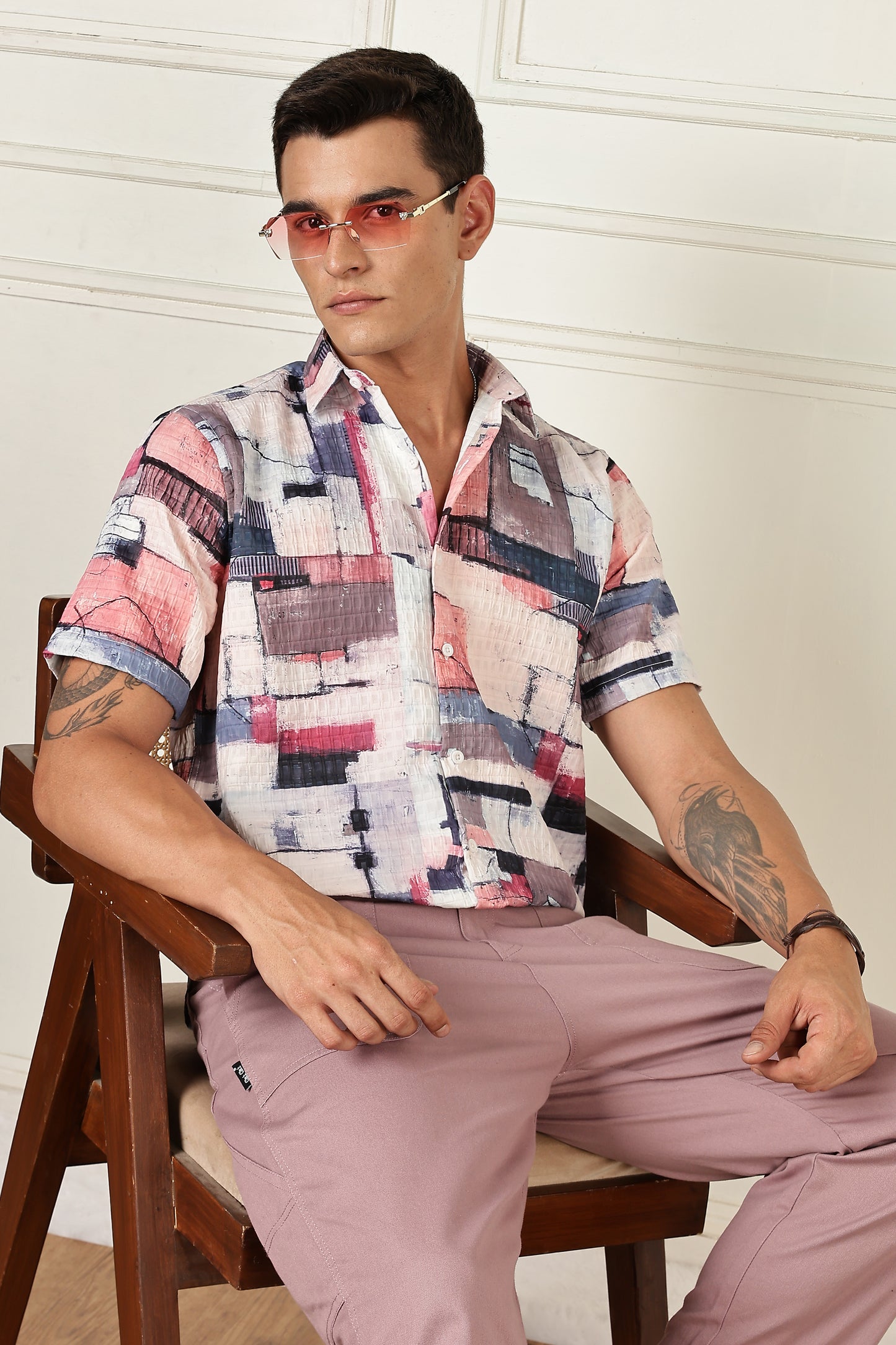 Men’s Painterly Block Print Short-Sleeve Shirt – Blush & Navy