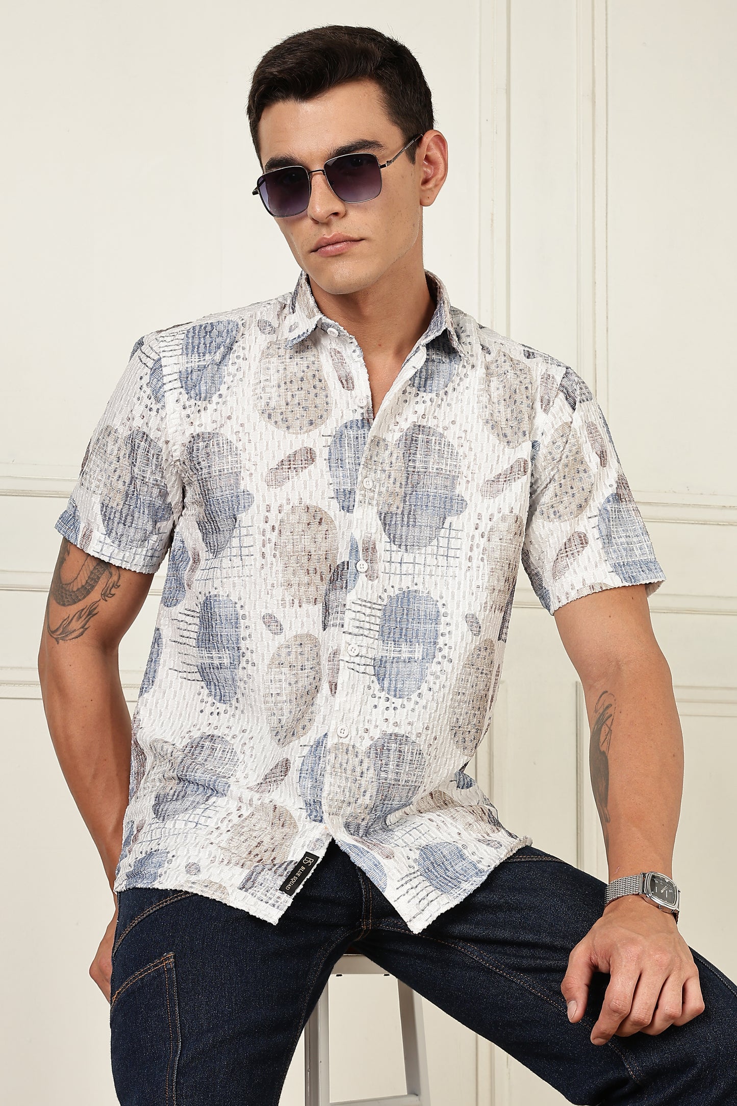 White & Slate Abstract Print Short-Sleeve Cotton Shirt