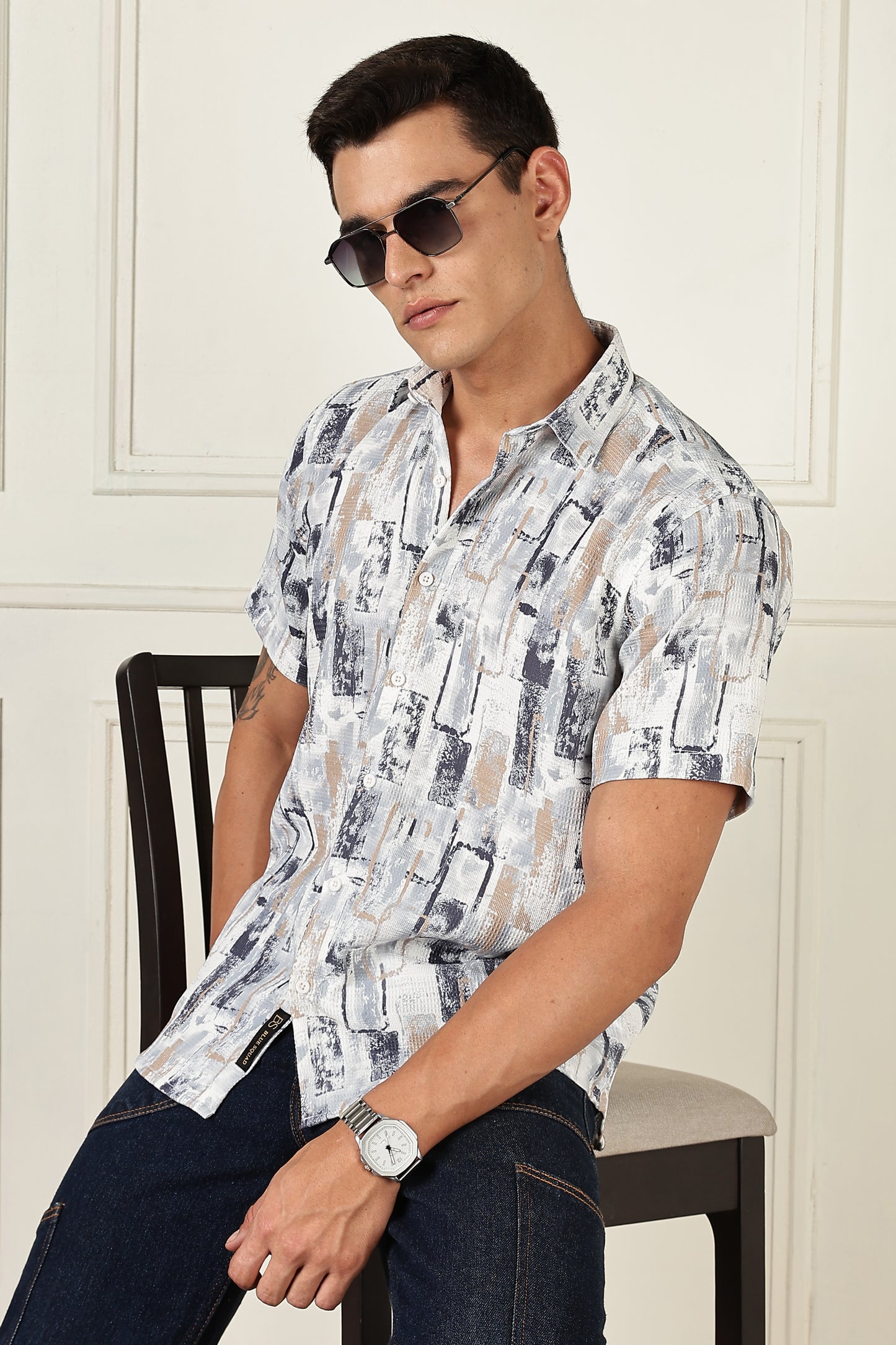 Men’s Brush-Block Print Short-Sleeve Shirt – Stone & Slate