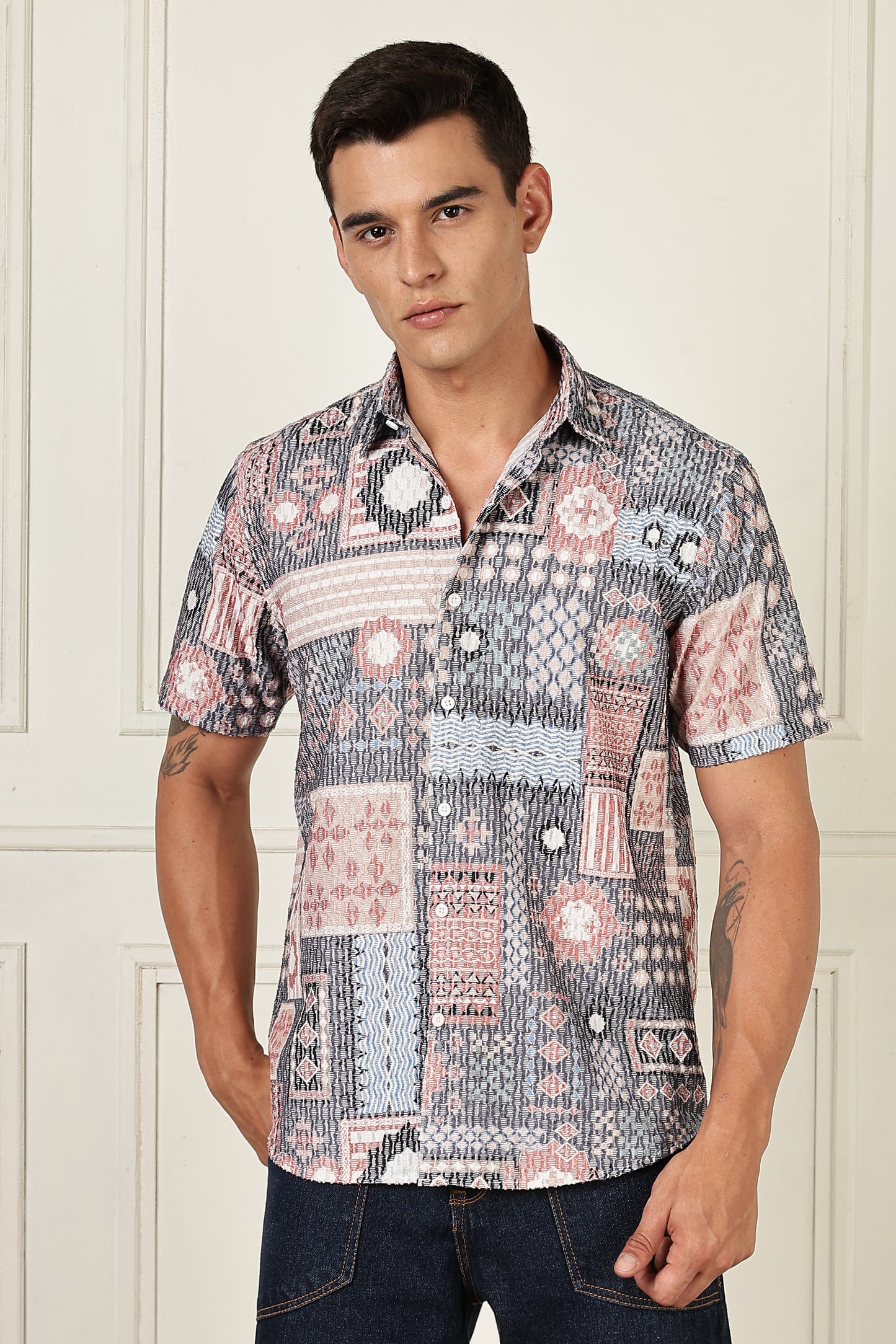 Men’s Patchwork Mosaic Print Short-Sleeve Shirt – Blush & Slate