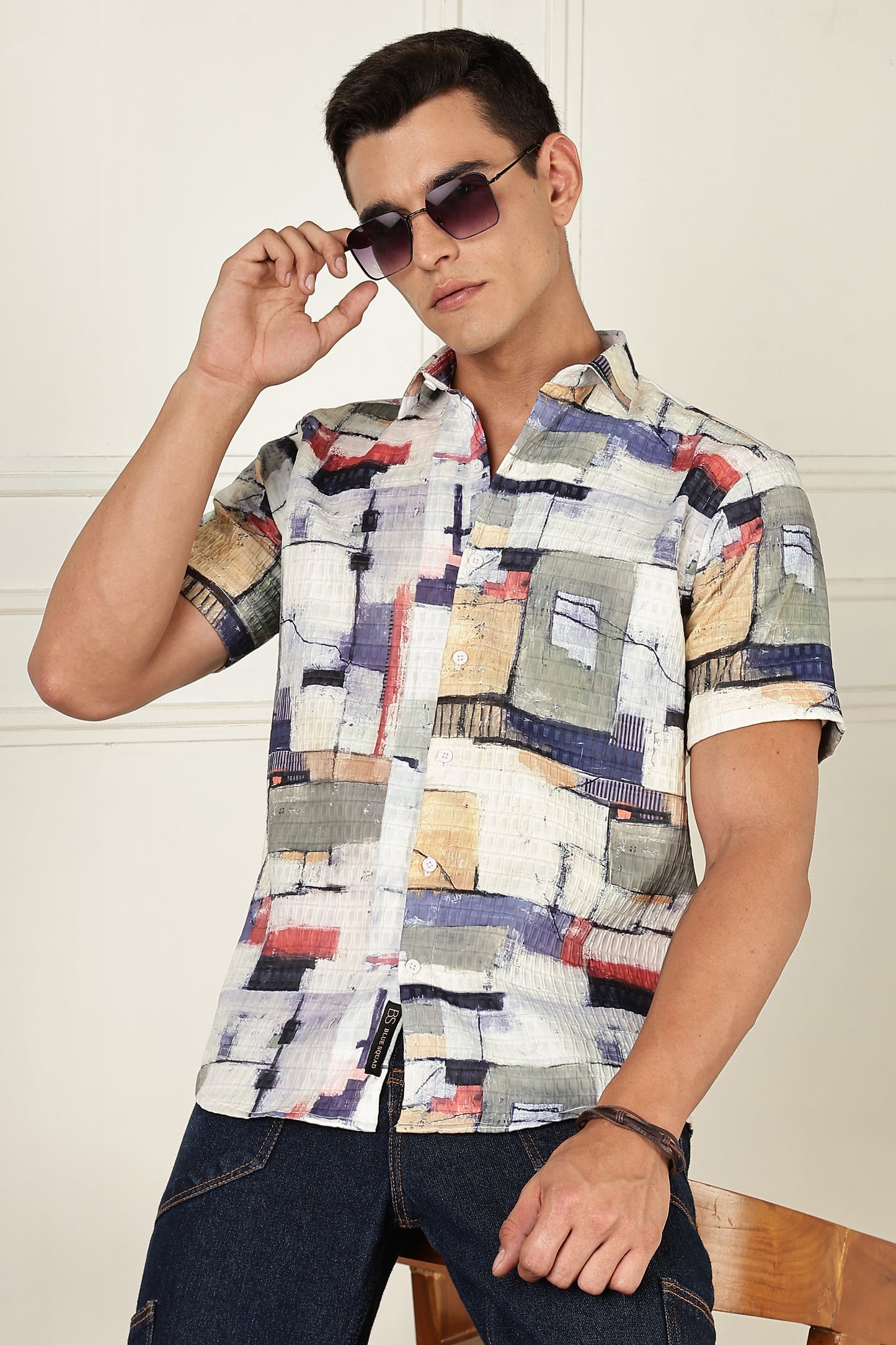 Men’s Painterly Block Print Short-Sleeve Shirt with Woven Grid Texture