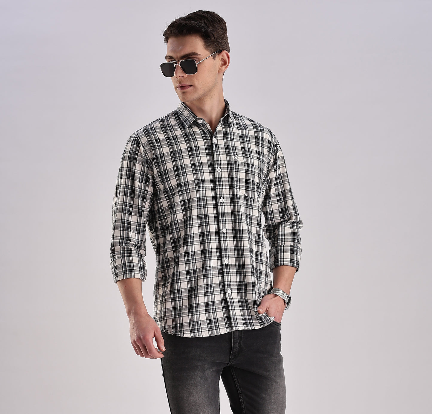 Men’s Brushed Plaid Long-Sleeve Shirt – Black & Ecru