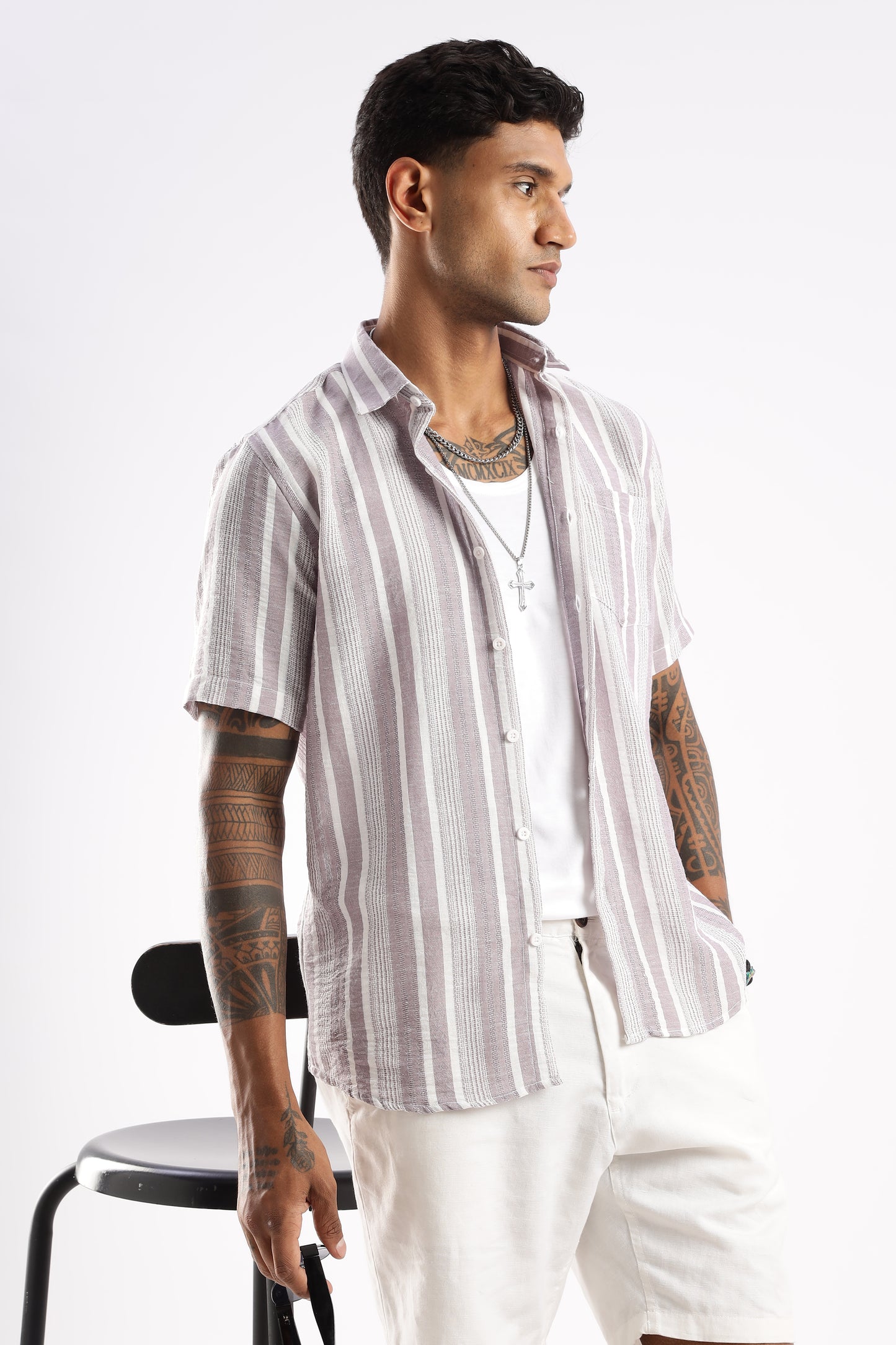 Men’s Linen-Look Vertical Stripe Short-Sleeve Shirt – Lilac & White
