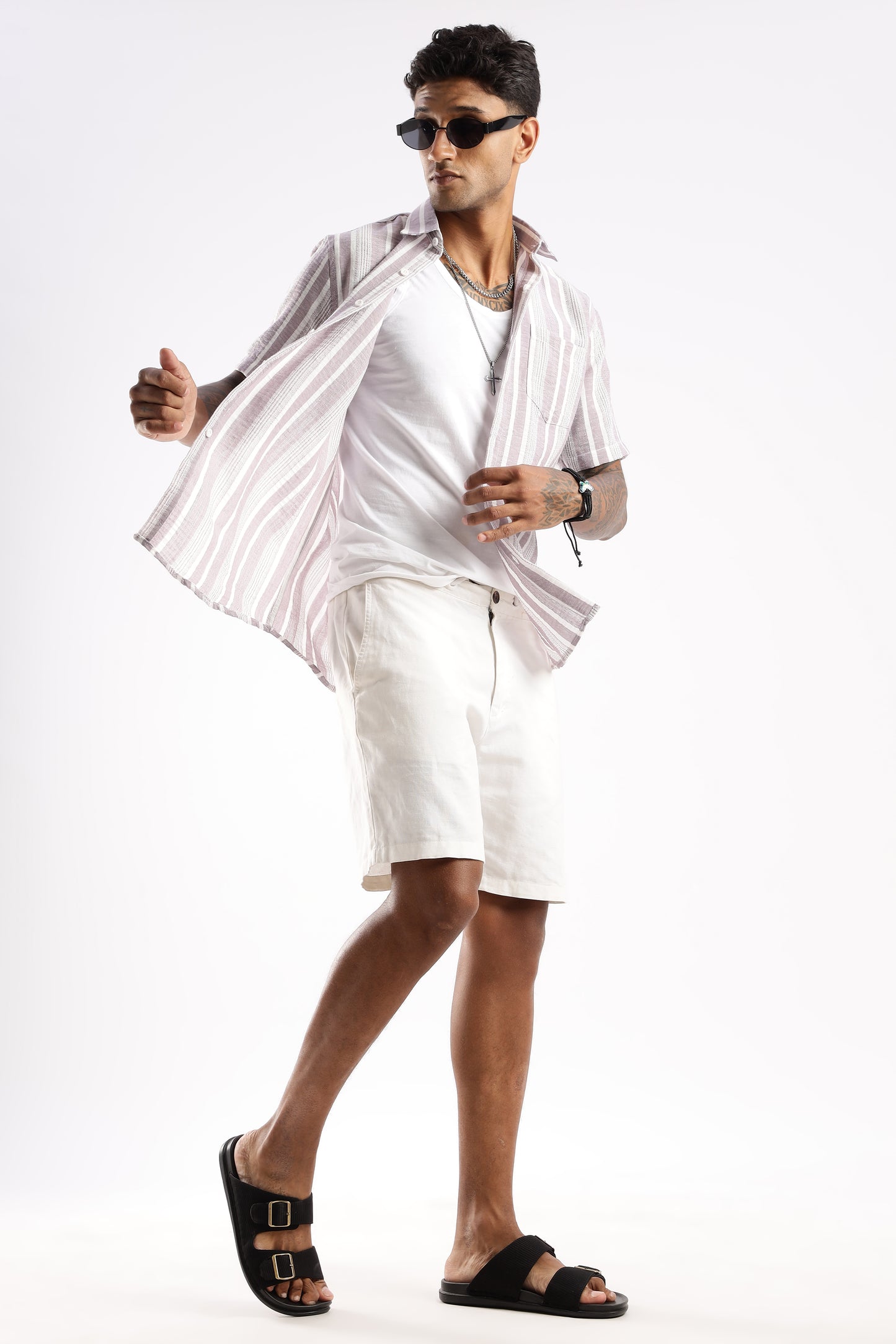 Men’s Linen-Look Vertical Stripe Short-Sleeve Shirt – Lilac & White