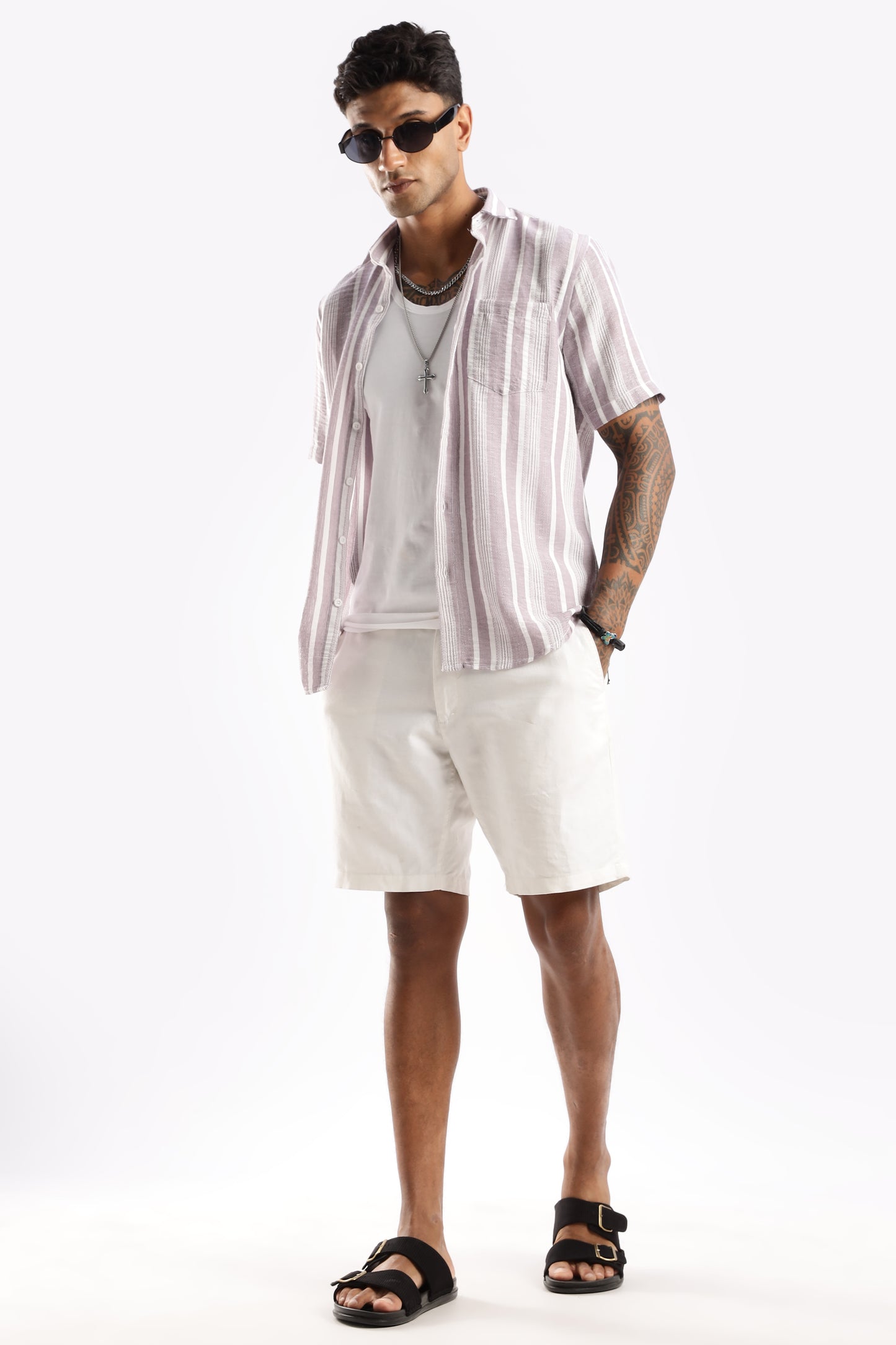 Men’s Linen-Look Vertical Stripe Short-Sleeve Shirt – Lilac & White