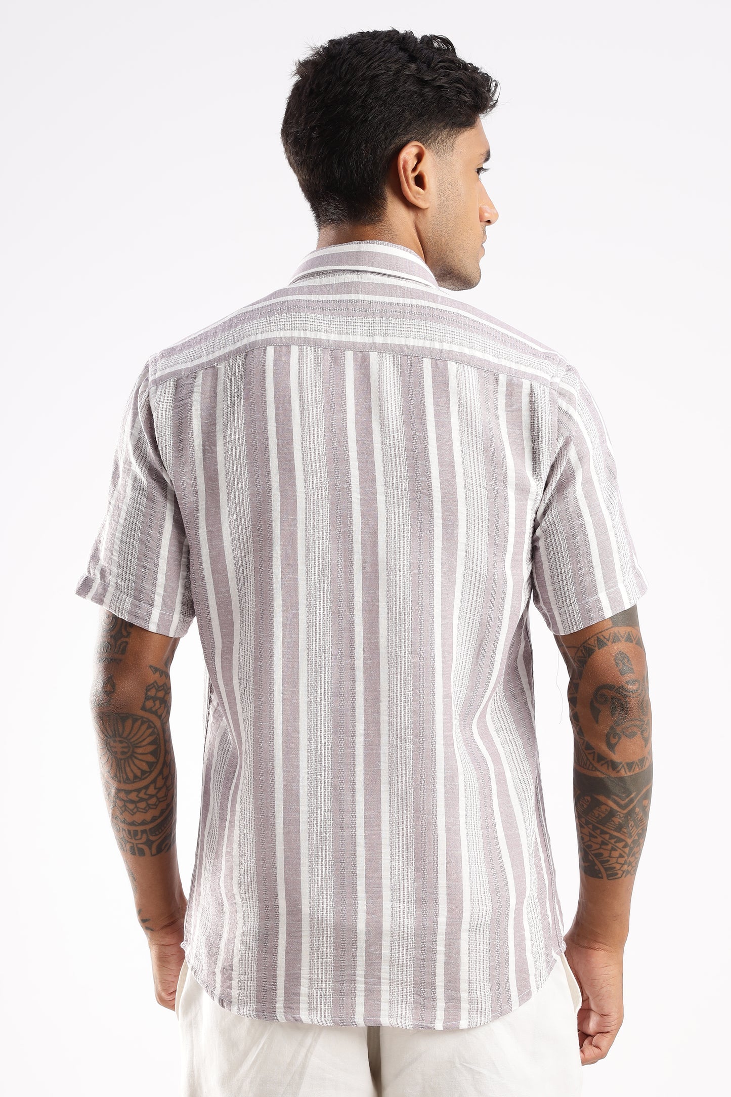 Men’s Linen-Look Vertical Stripe Short-Sleeve Shirt – Lilac & White