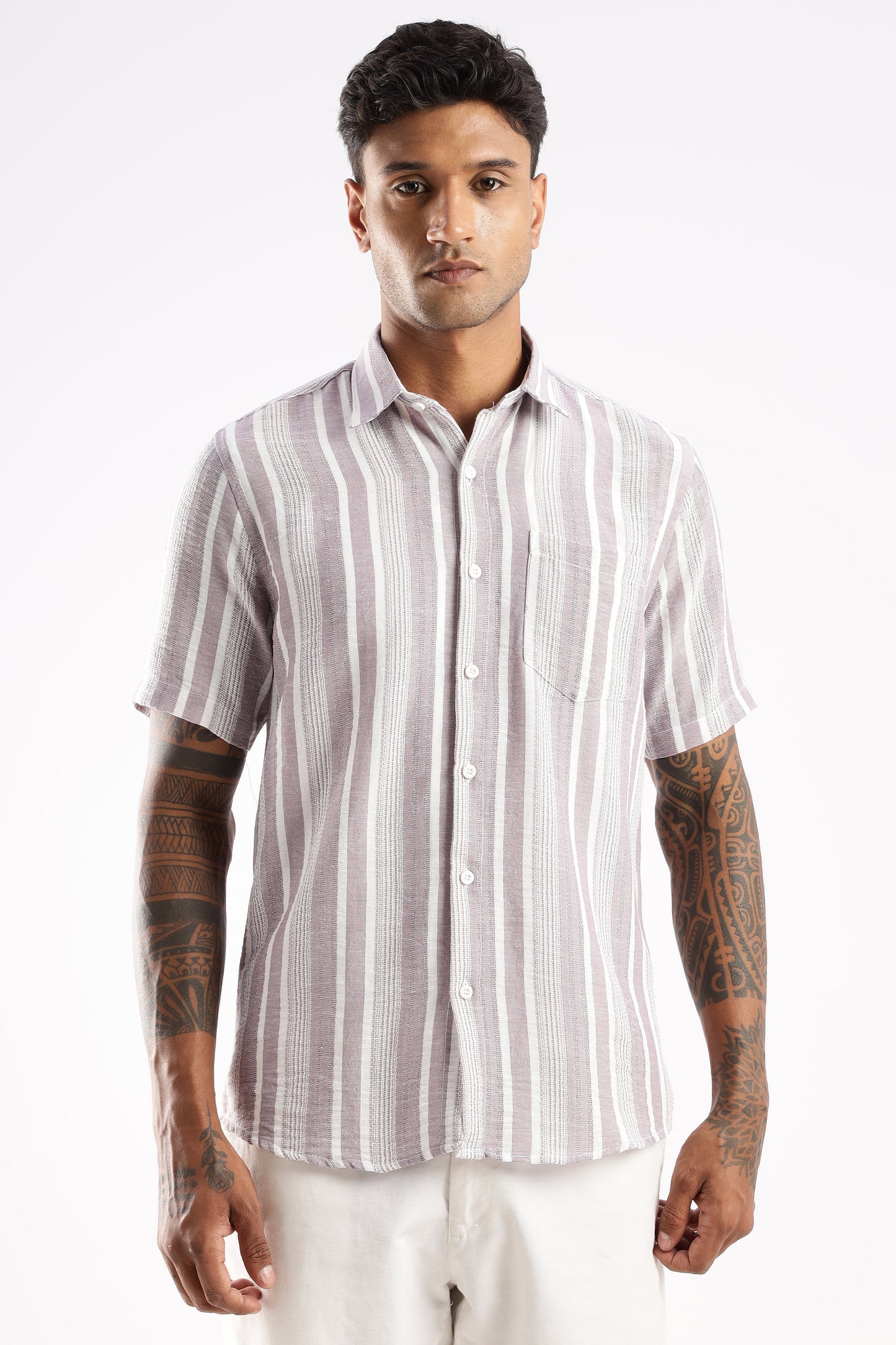 Men’s Linen-Look Vertical Stripe Short-Sleeve Shirt – Lilac & White