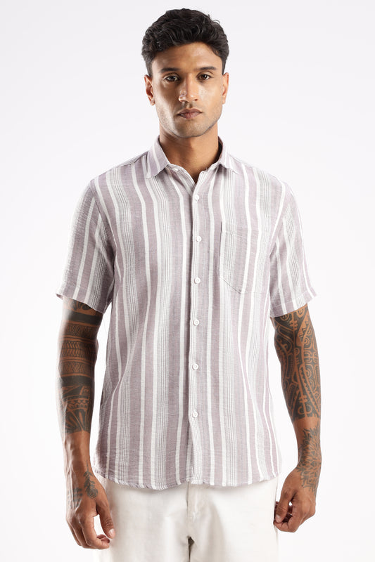 Men’s Linen-Look Vertical Stripe Short-Sleeve Shirt – Lilac & White