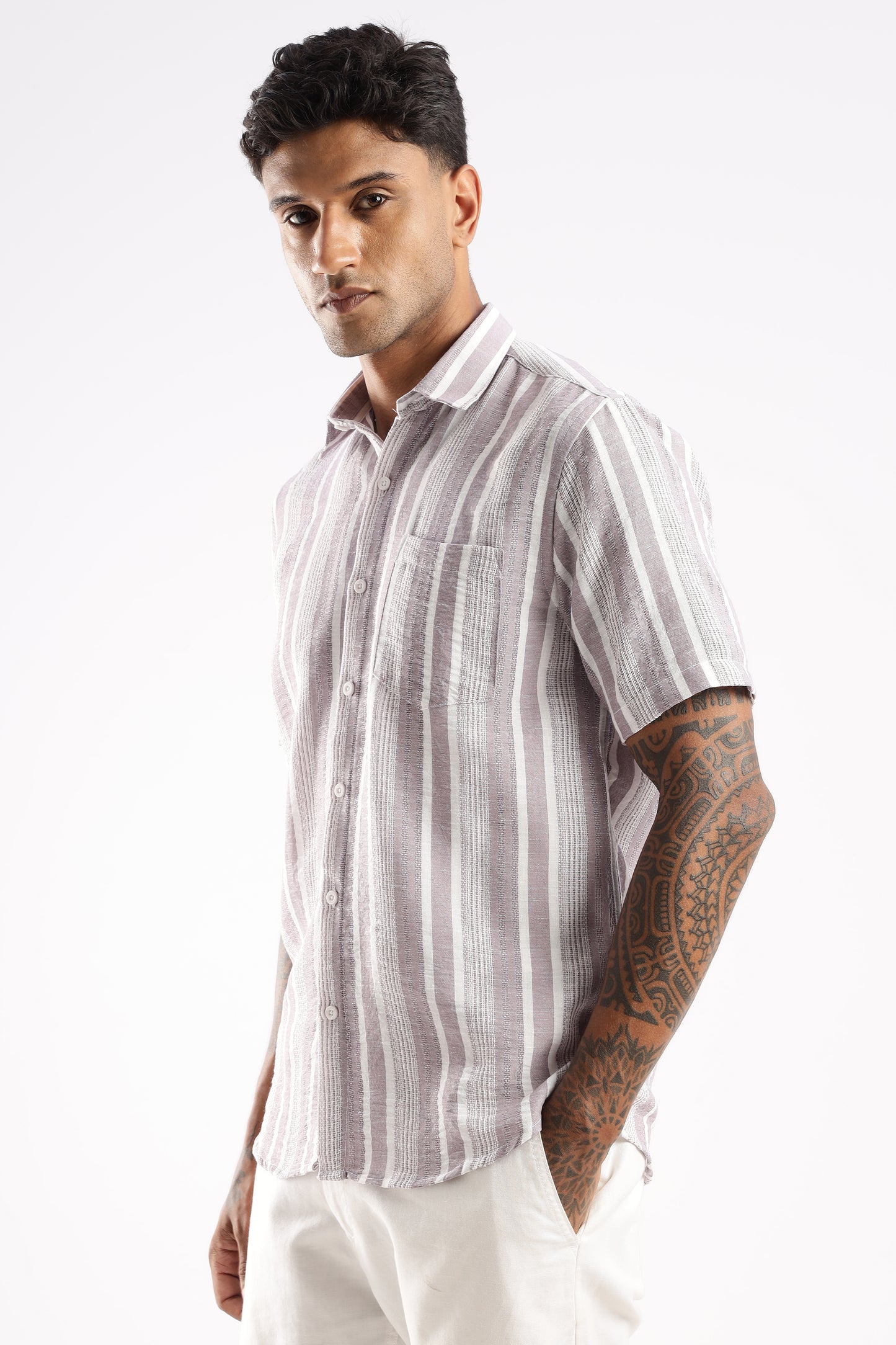 Men’s Linen-Look Vertical Stripe Short-Sleeve Shirt – Lilac & White
