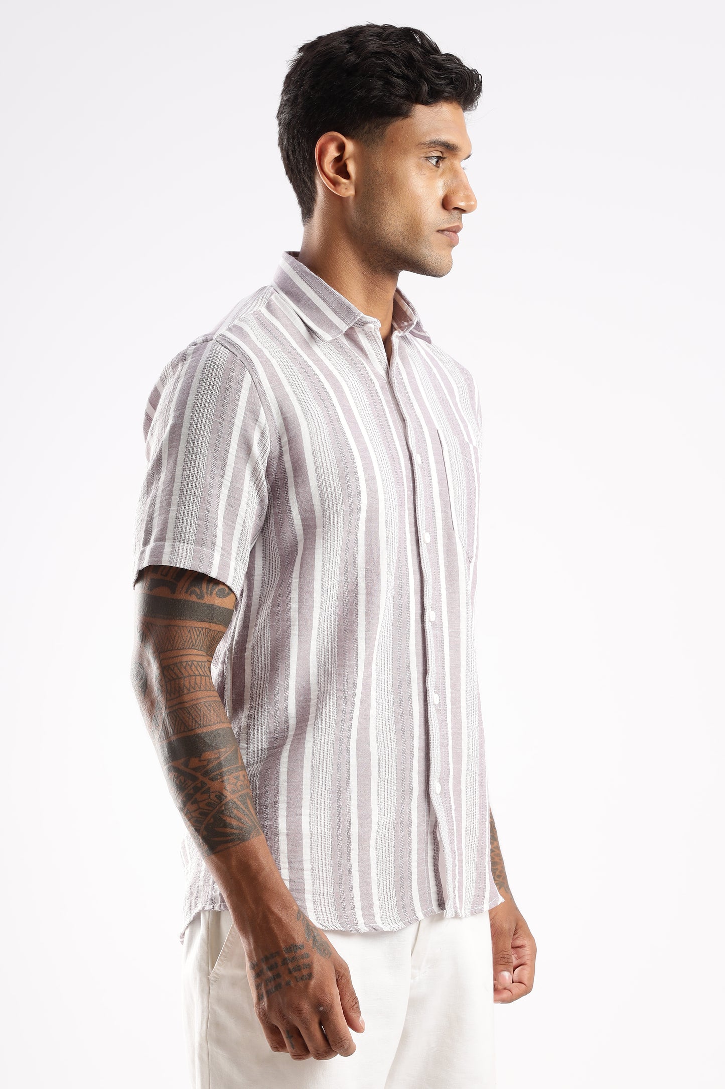 Men’s Linen-Look Vertical Stripe Short-Sleeve Shirt – Lilac & White