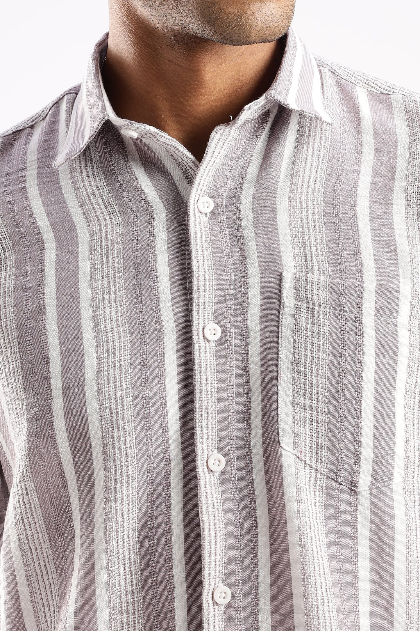 Men’s Linen-Look Vertical Stripe Short-Sleeve Shirt – Lilac & White