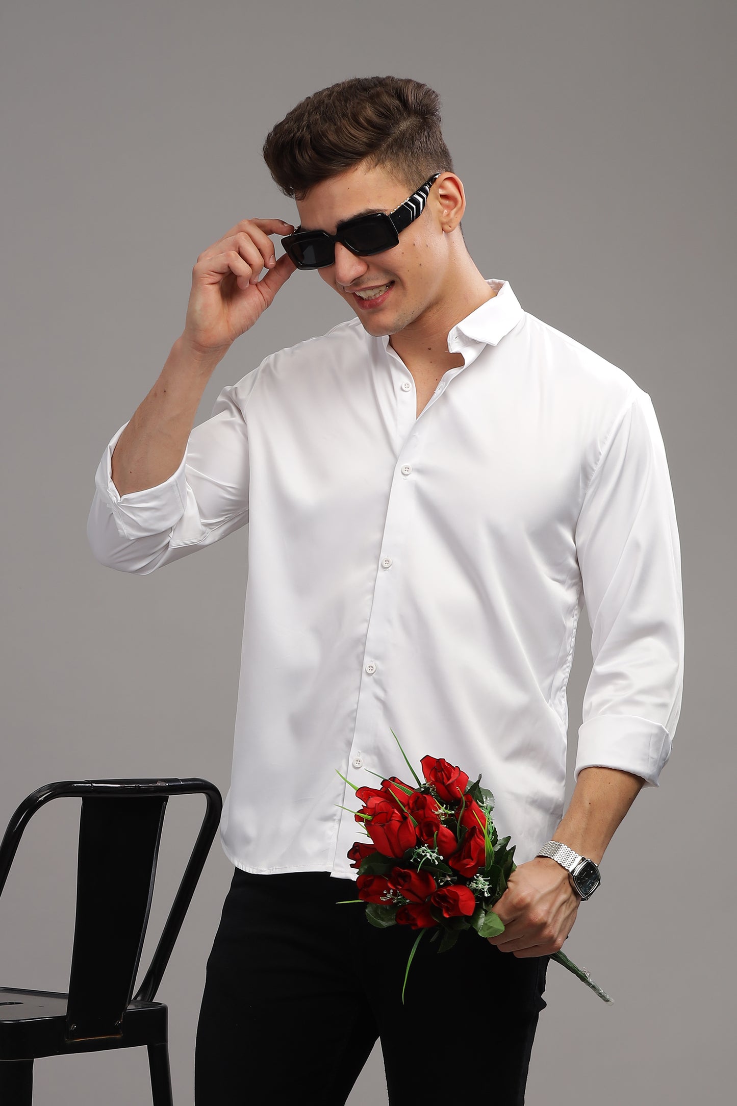 Cloud White Luxe-Satin Band-Collar Shirt