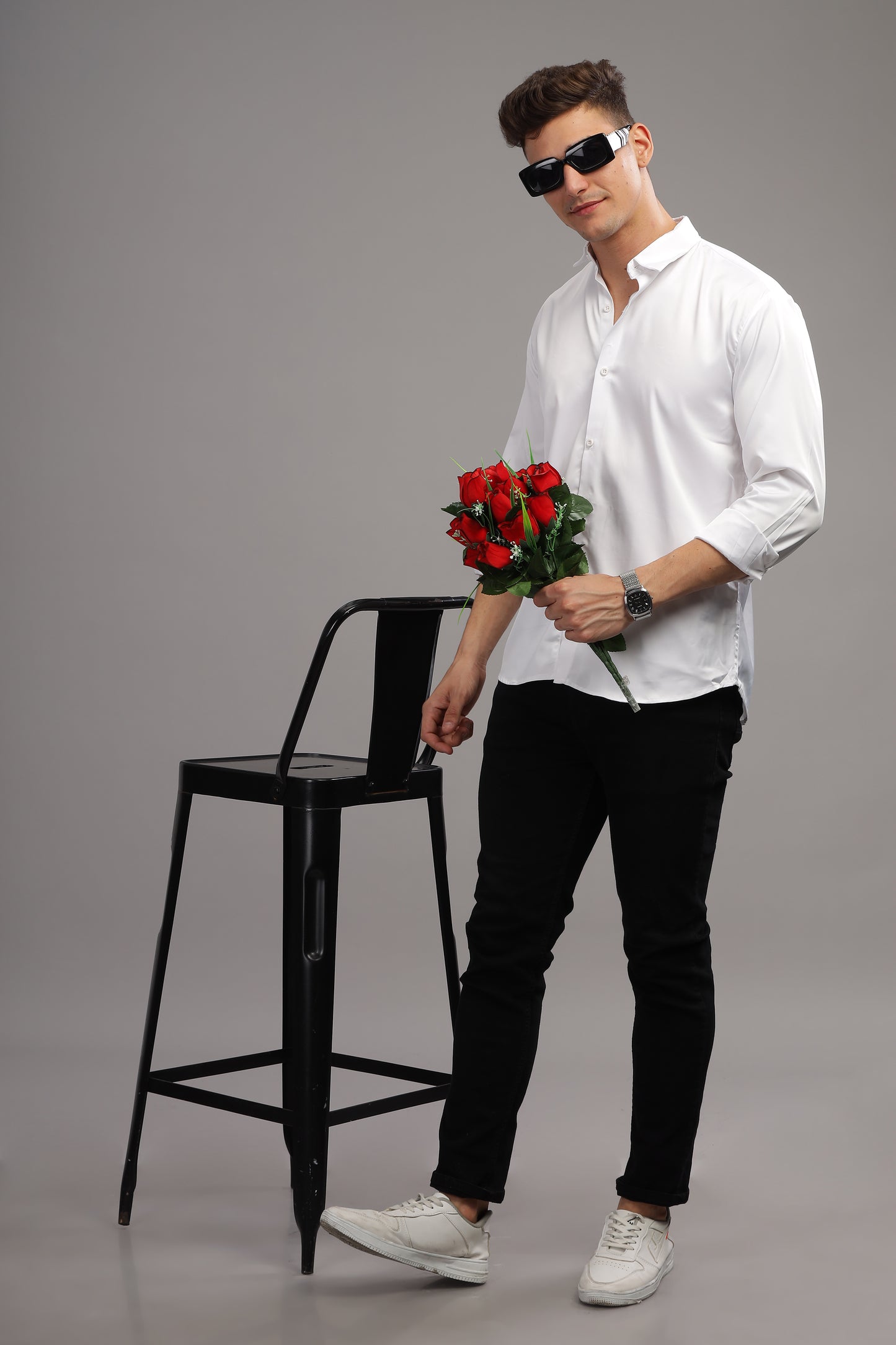 Cloud White Luxe-Satin Band-Collar Shirt