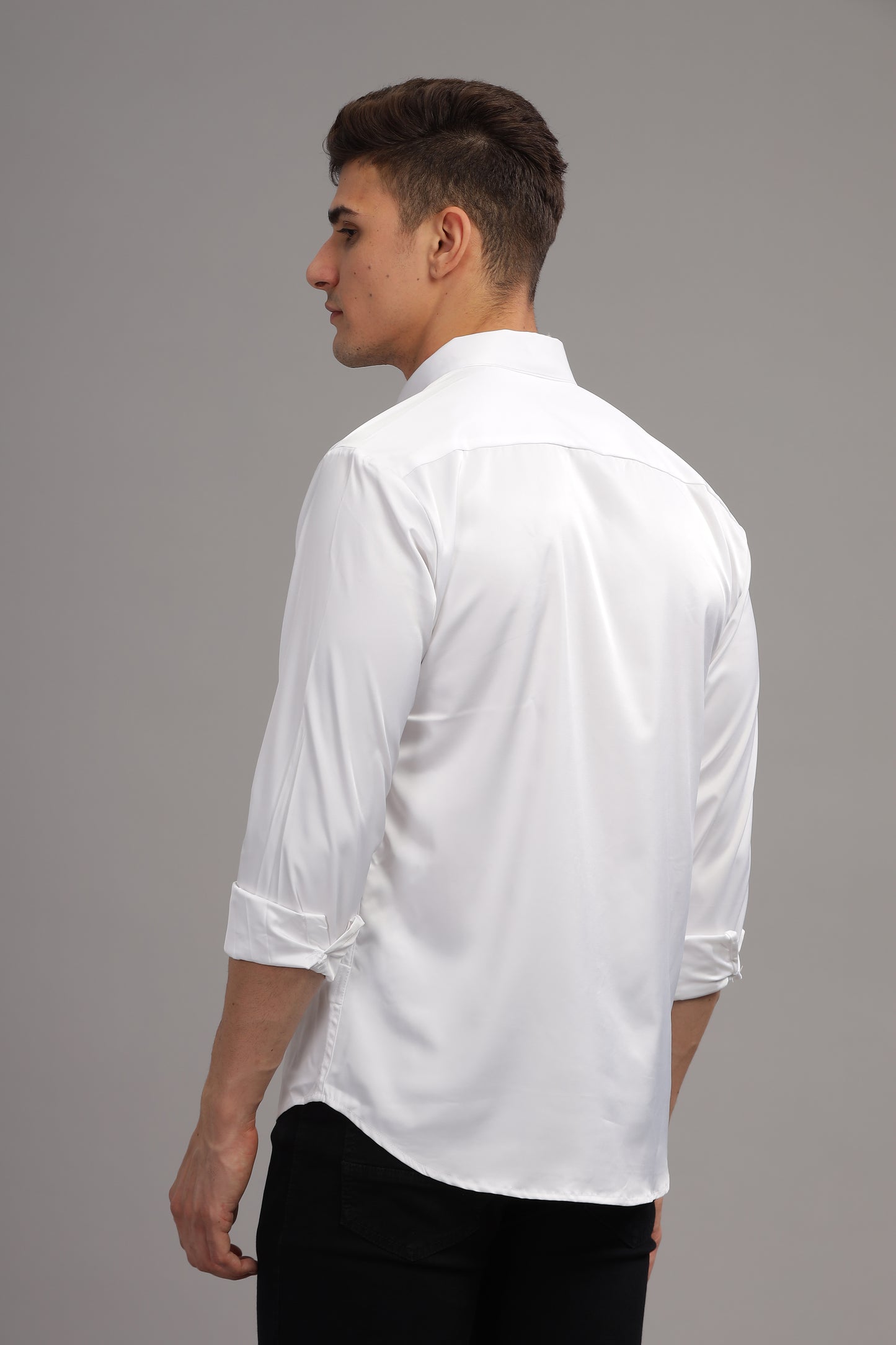 Cloud White Luxe-Satin Band-Collar Shirt