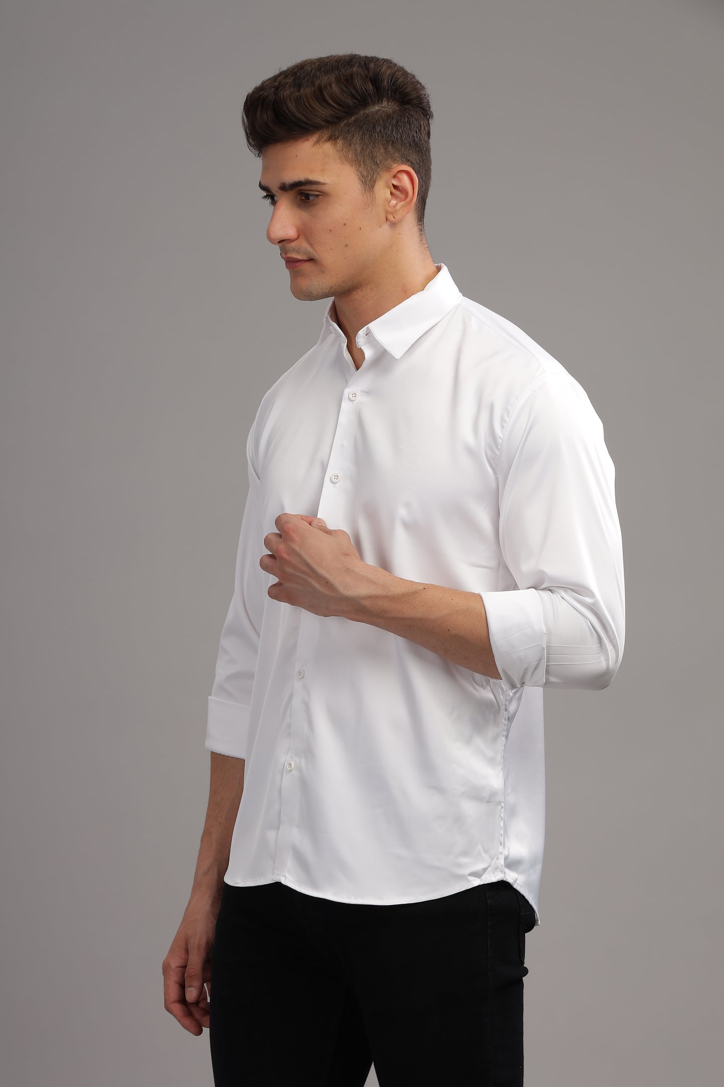 Cloud White Luxe-Satin Band-Collar Shirt