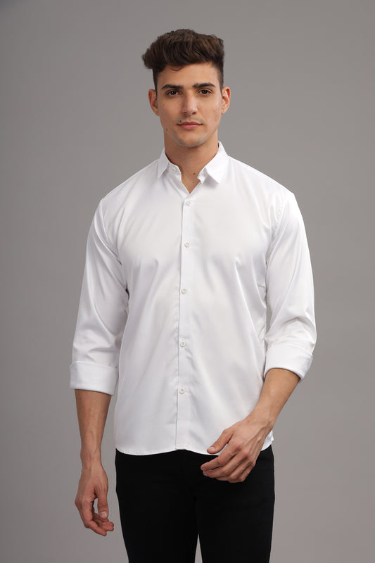 Cloud White Luxe-Satin Band-Collar Shirt