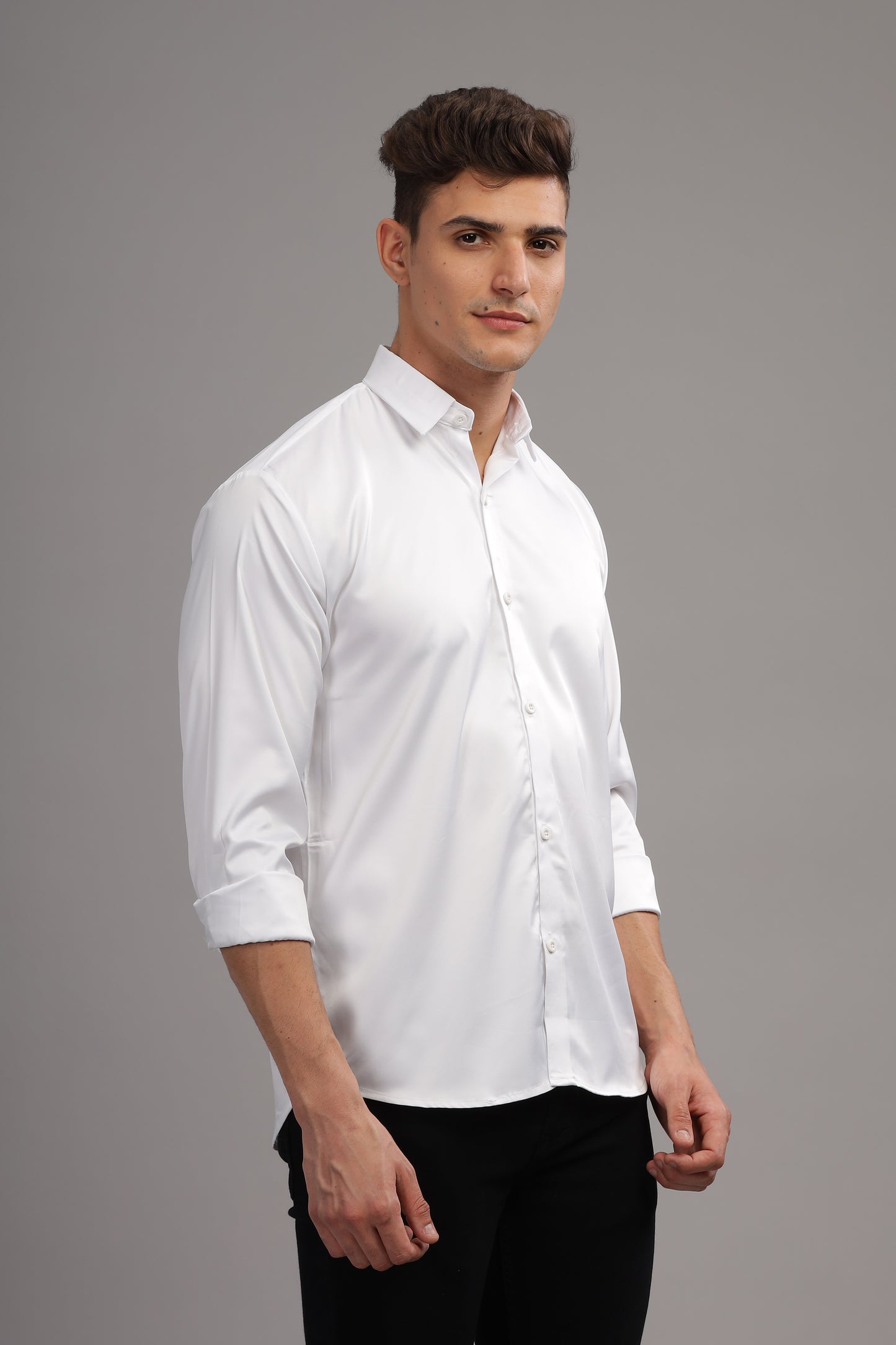 Cloud White Luxe-Satin Band-Collar Shirt