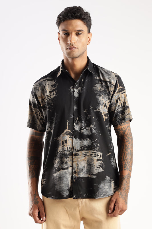 Men’s Ink-Wash Pagoda Landscape Short-Sleeve Shirt – Black/Sand