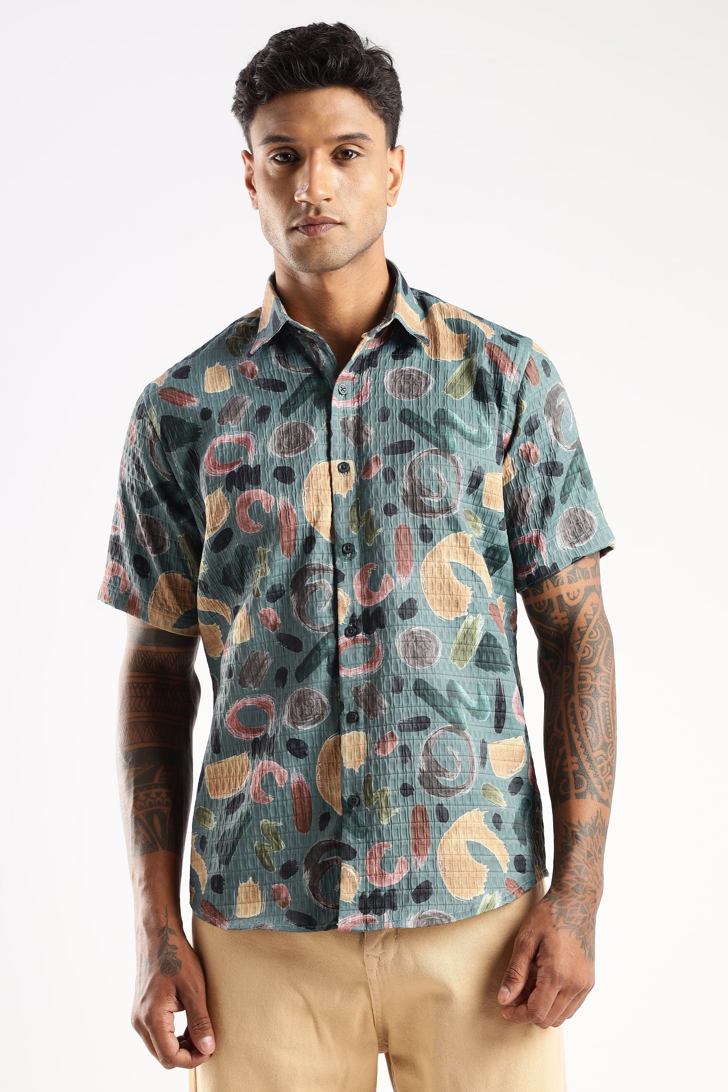 Men’s Abstract Confetti Print Short-Sleeve Shirt – Sea Green