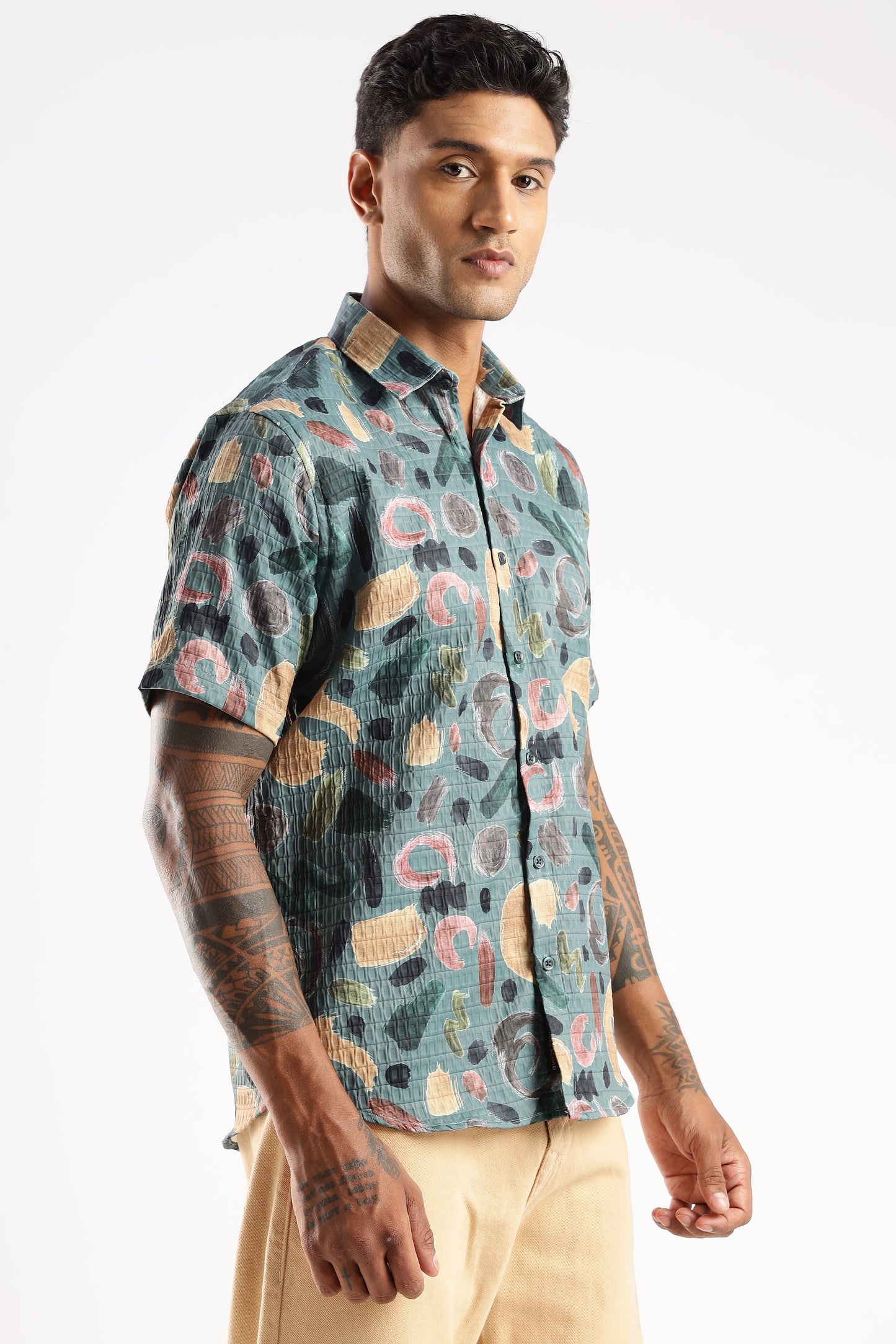 Men’s Abstract Confetti Print Short-Sleeve Shirt – Sea Green