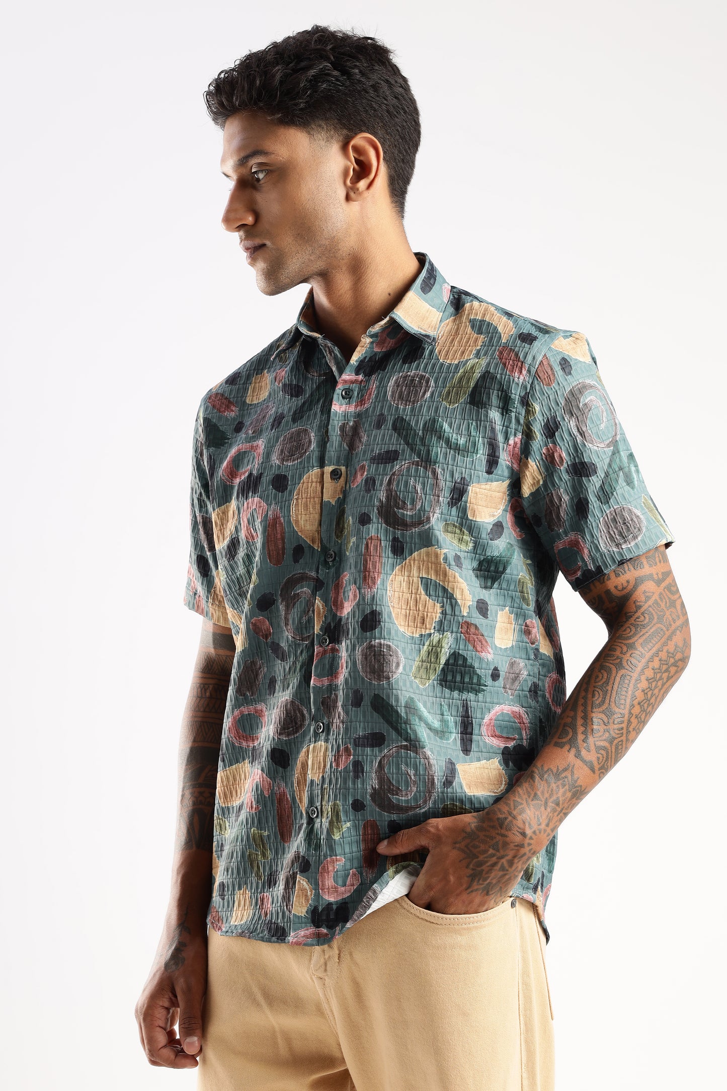 Men’s Abstract Confetti Print Short-Sleeve Shirt – Sea Green