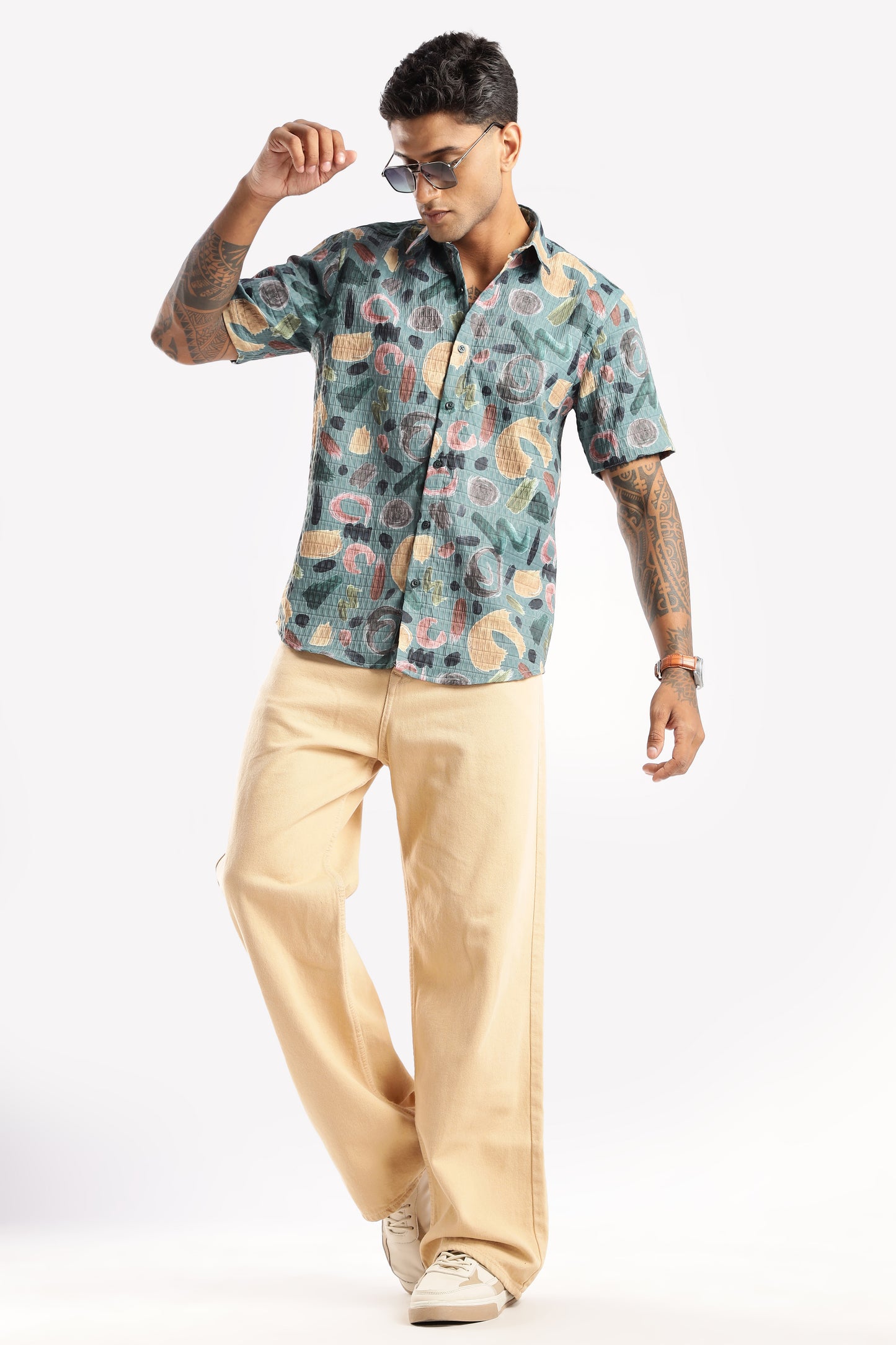 Men’s Abstract Confetti Print Short-Sleeve Shirt – Sea Green