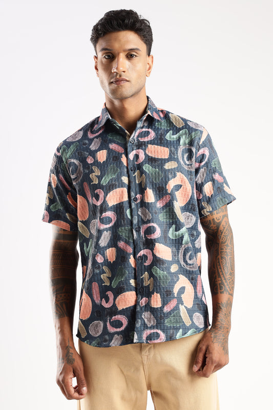 Men’s Abstract Confetti Print Short-Sleeve Shirt – Navy
