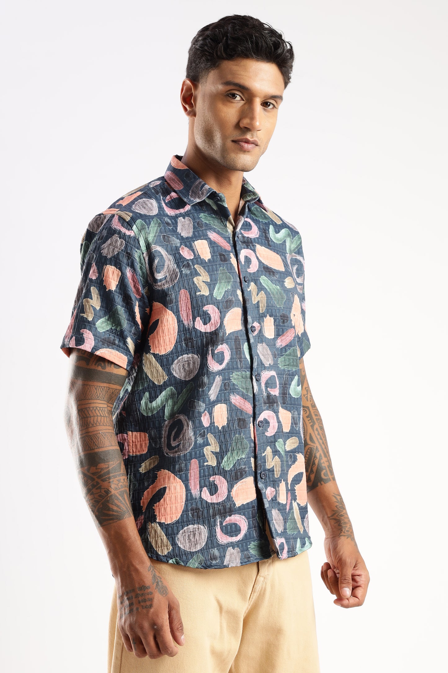 Men’s Abstract Confetti Print Short-Sleeve Shirt – Navy