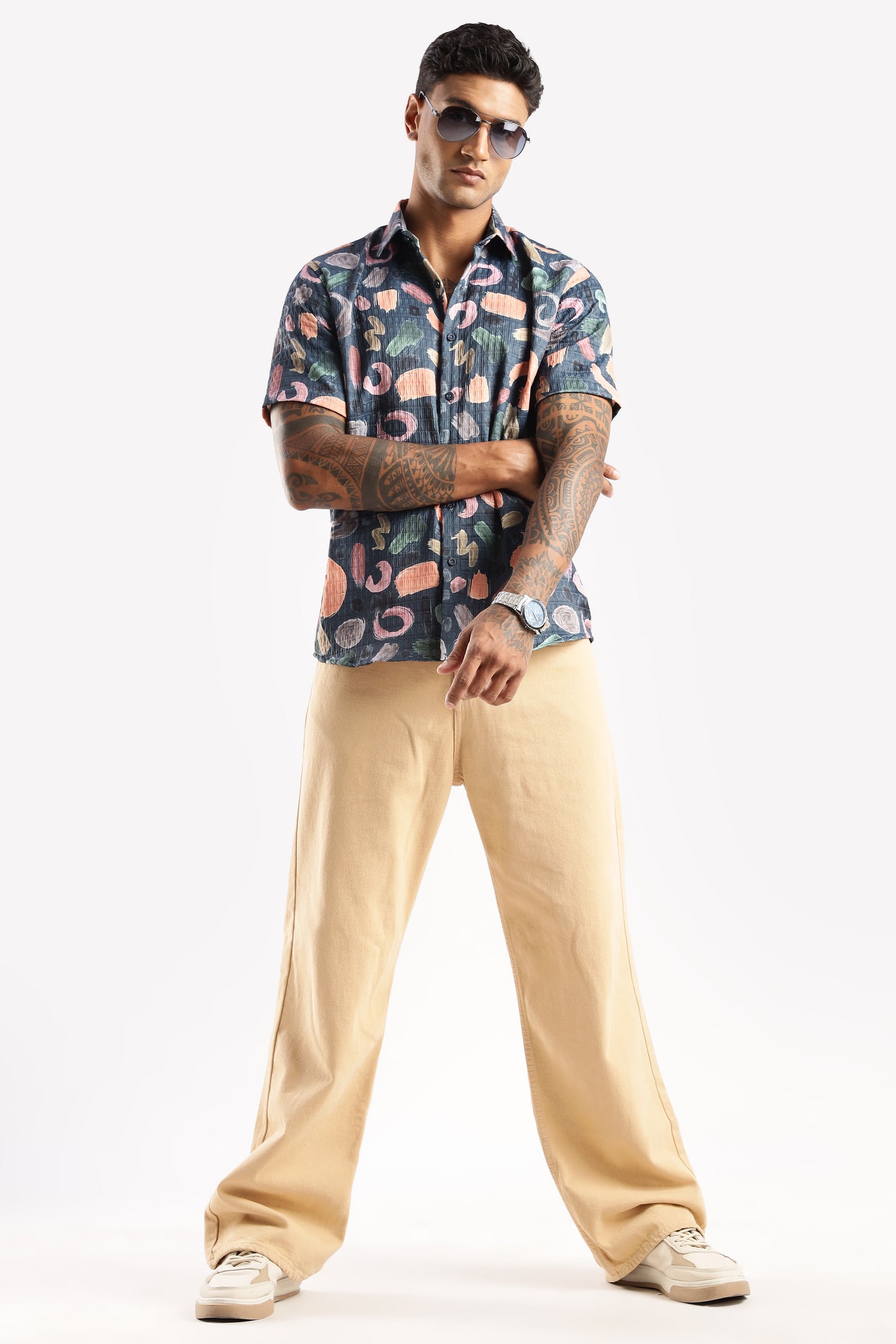 Men’s Abstract Confetti Print Short-Sleeve Shirt – Navy