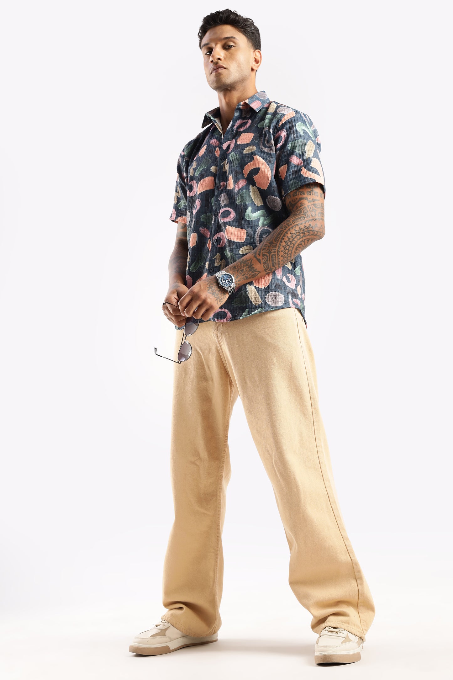 Men’s Abstract Confetti Print Short-Sleeve Shirt – Navy