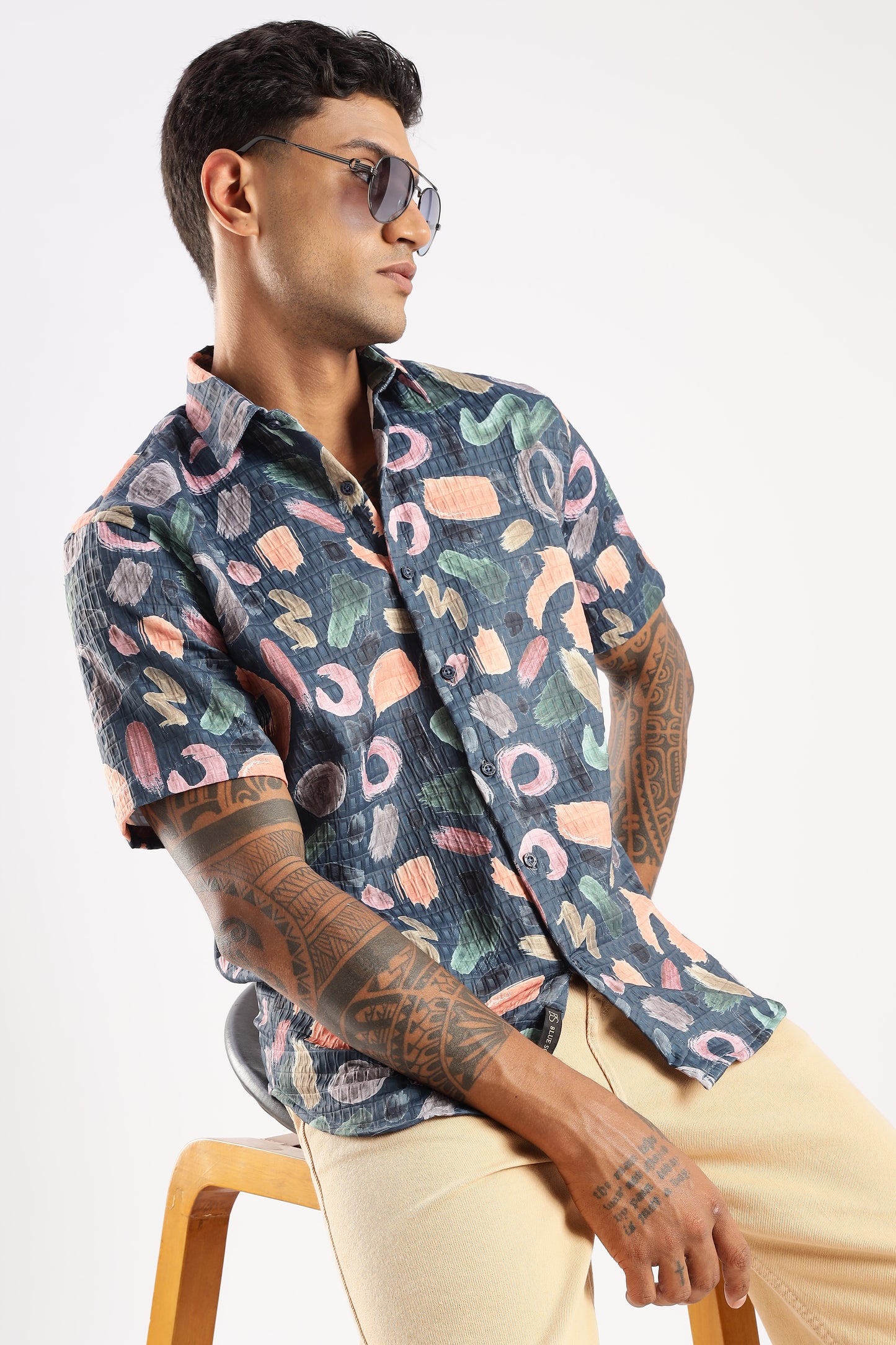Men’s Abstract Confetti Print Short-Sleeve Shirt – Navy