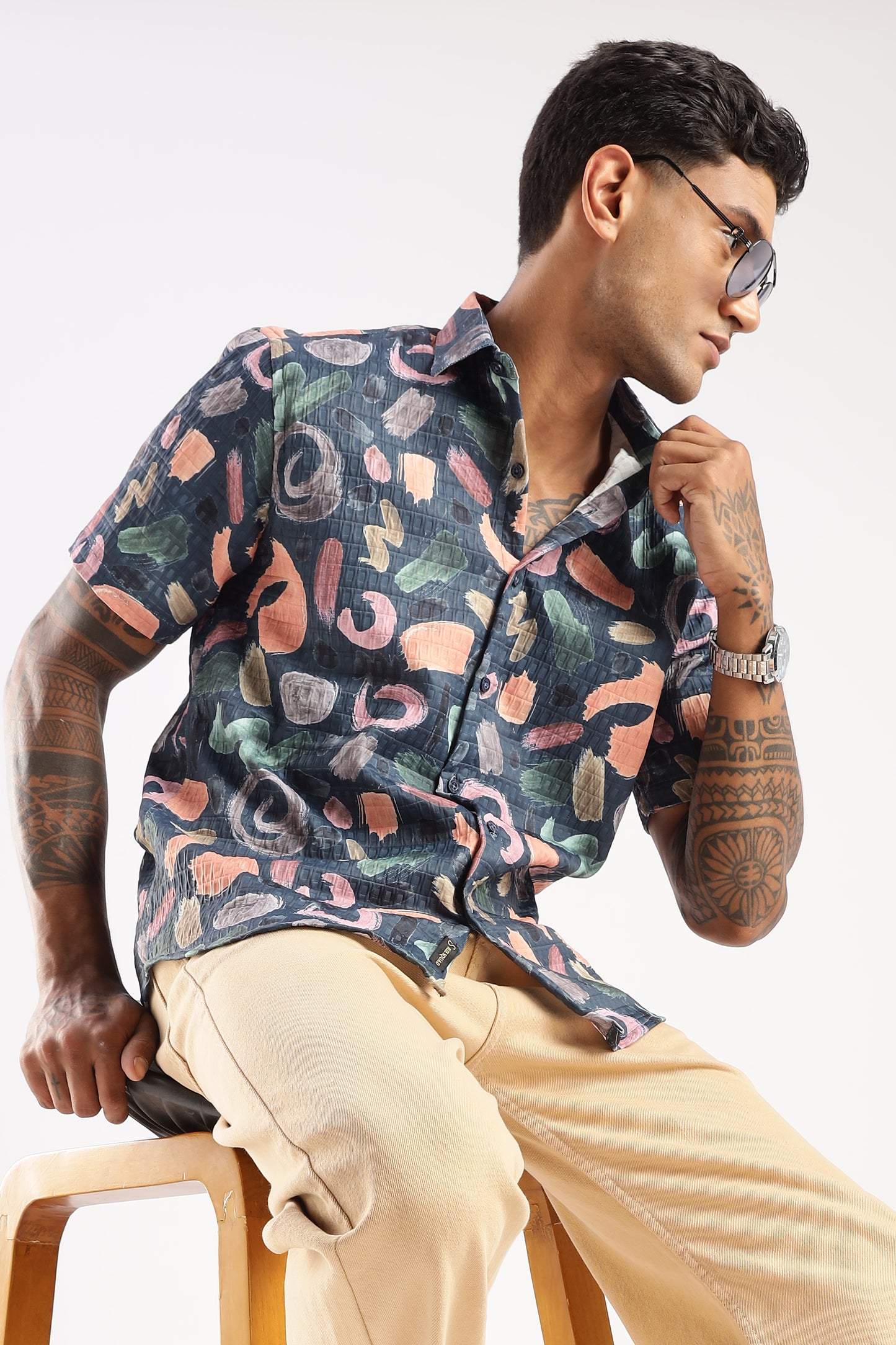 Men’s Abstract Confetti Print Short-Sleeve Shirt – Navy