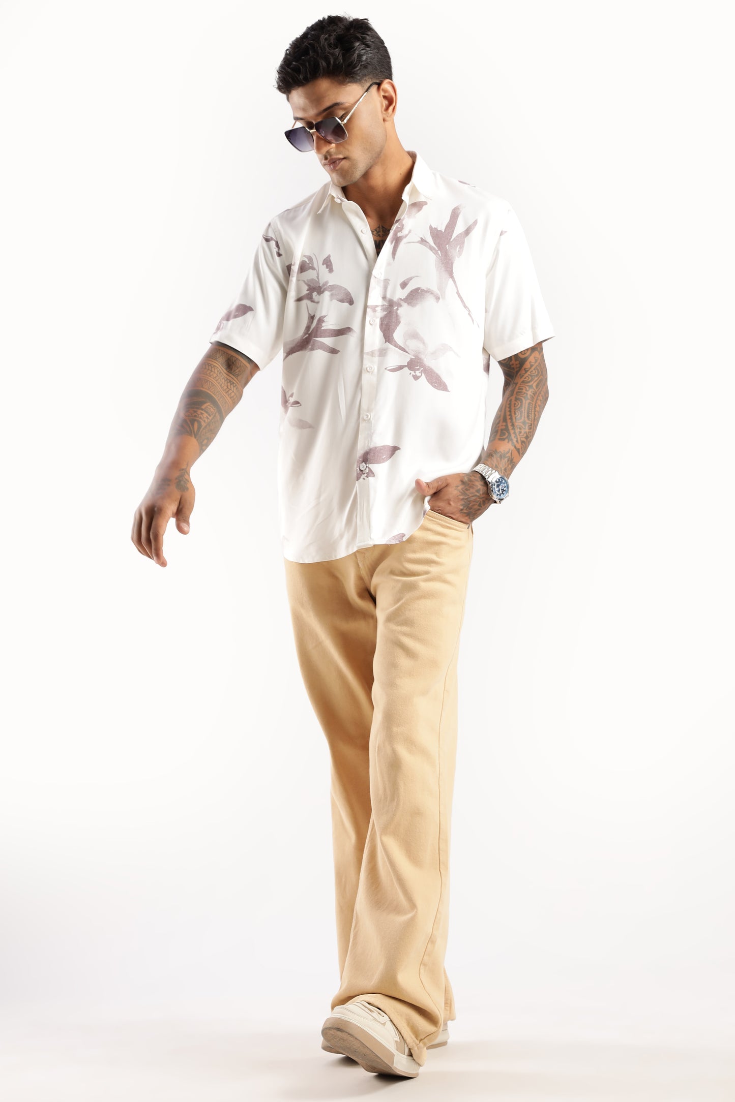 Men’s Shadow Floral Placement Print Short-Sleeve Shirt – Ivory/Mauve