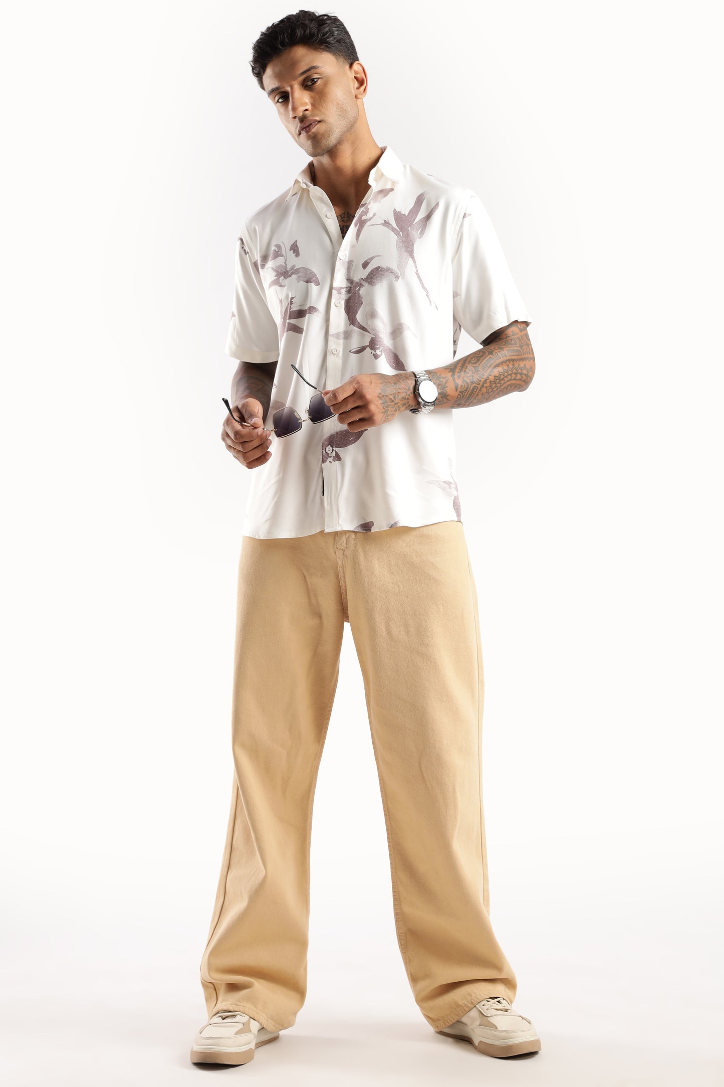 Men’s Shadow Floral Placement Print Short-Sleeve Shirt – Ivory/Mauve