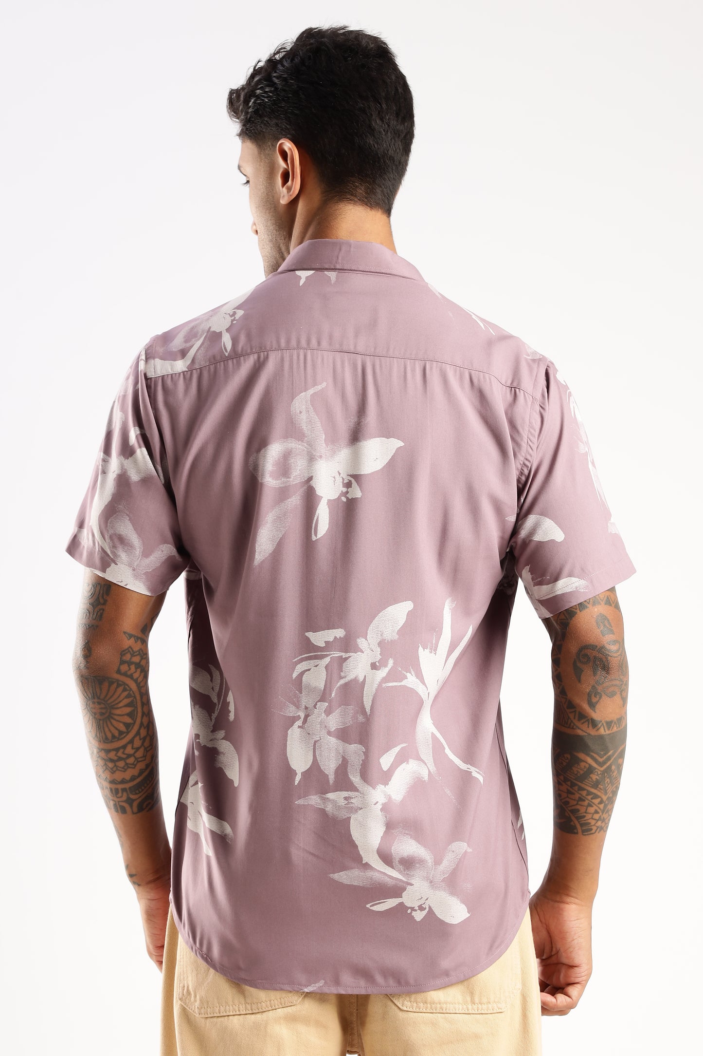 Men’s Shadow Floral Placement Print Short-Sleeve Shirt – Dusty Mauve
