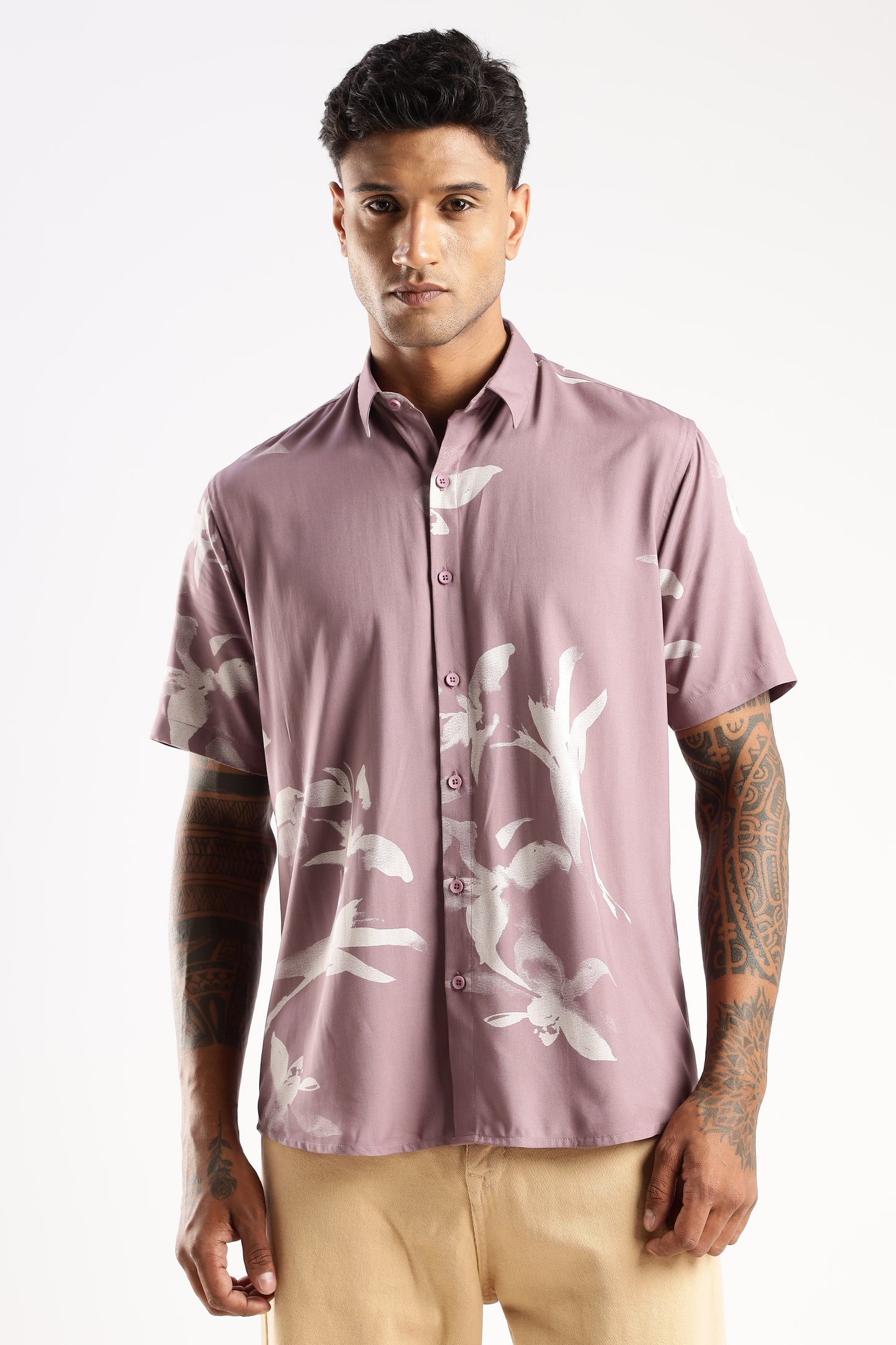 Men’s Shadow Floral Placement Print Short-Sleeve Shirt – Dusty Mauve
