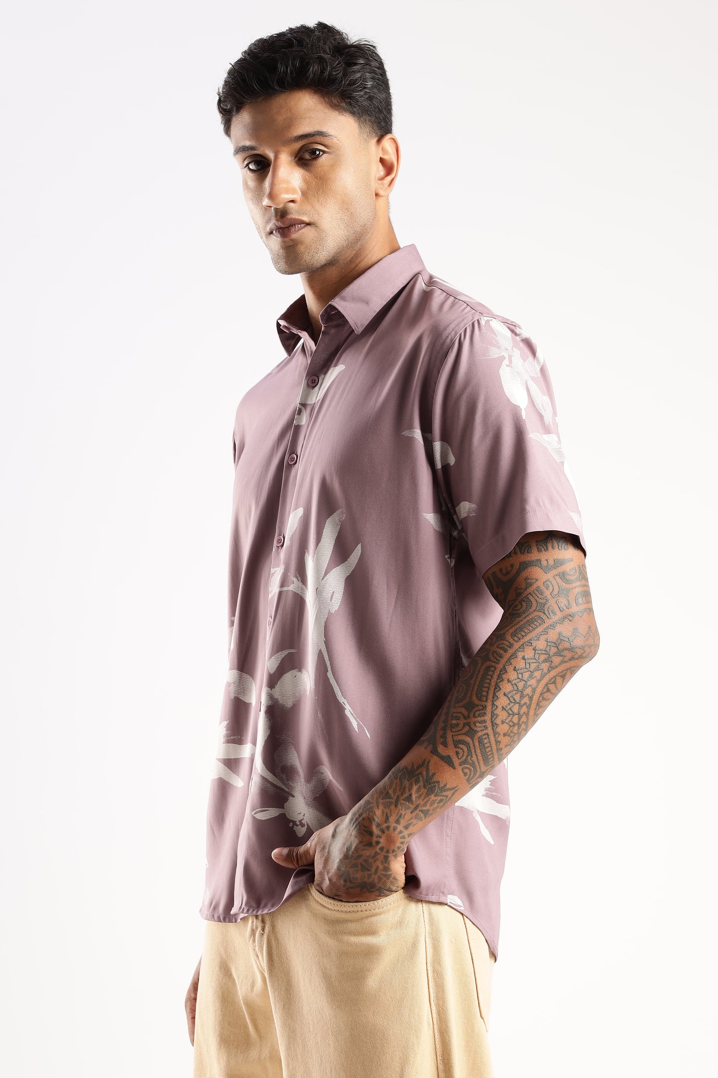 Men’s Shadow Floral Placement Print Short-Sleeve Shirt – Dusty Mauve