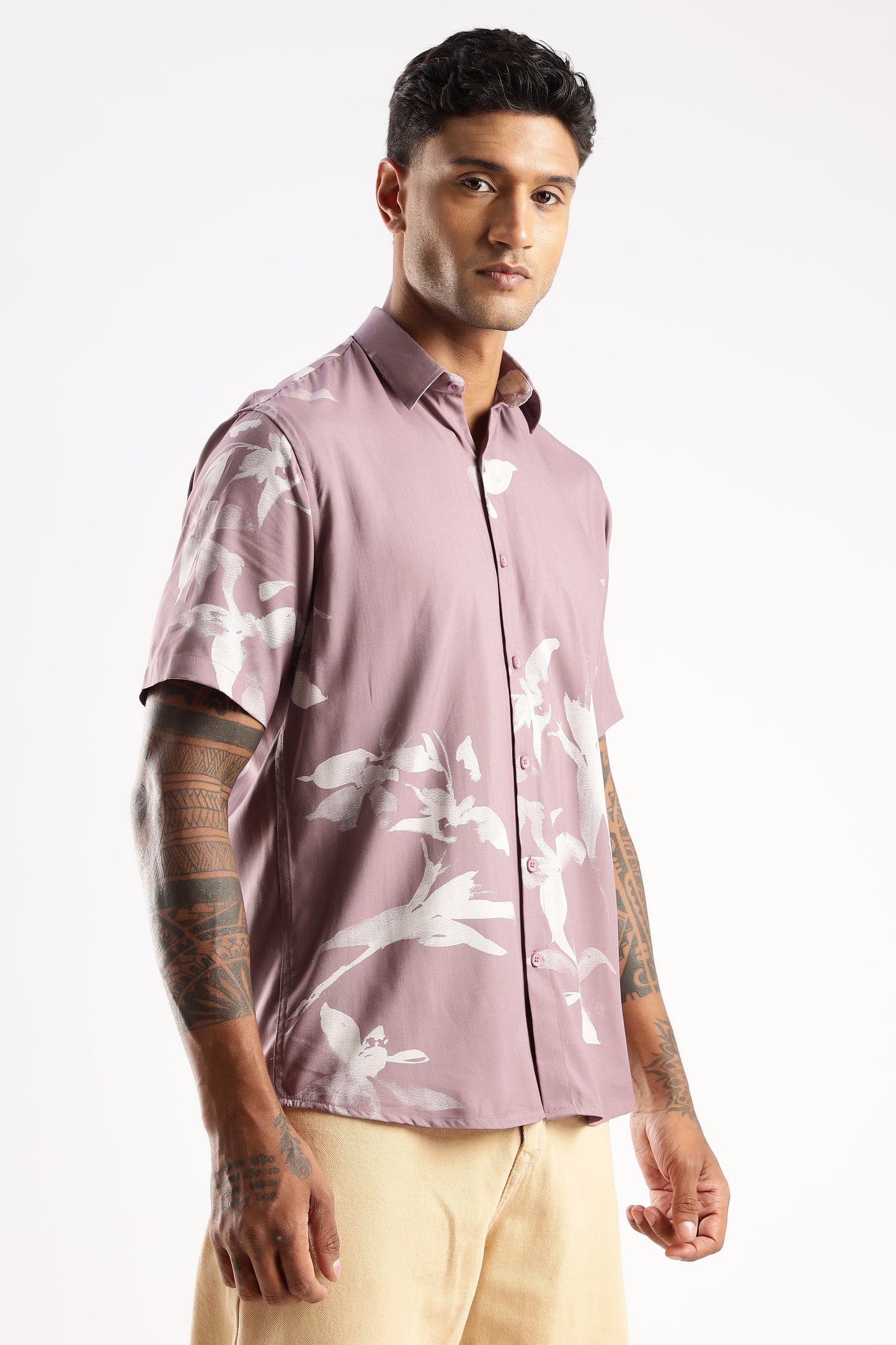 Men’s Shadow Floral Placement Print Short-Sleeve Shirt – Dusty Mauve